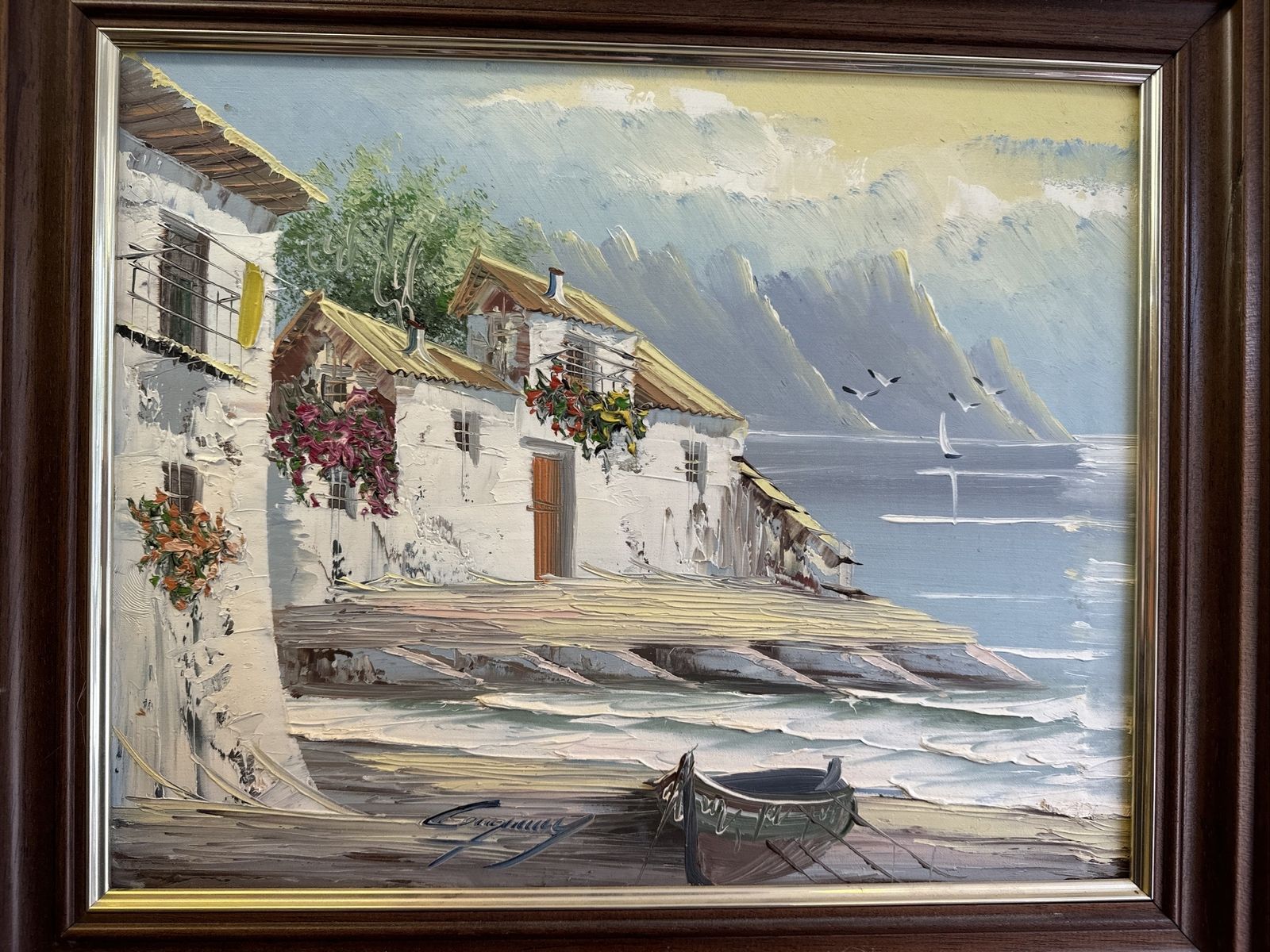 Seascape Marine Signed Oil On Canvas Yacht Fishing Boat Dutch White Houses photo for sale