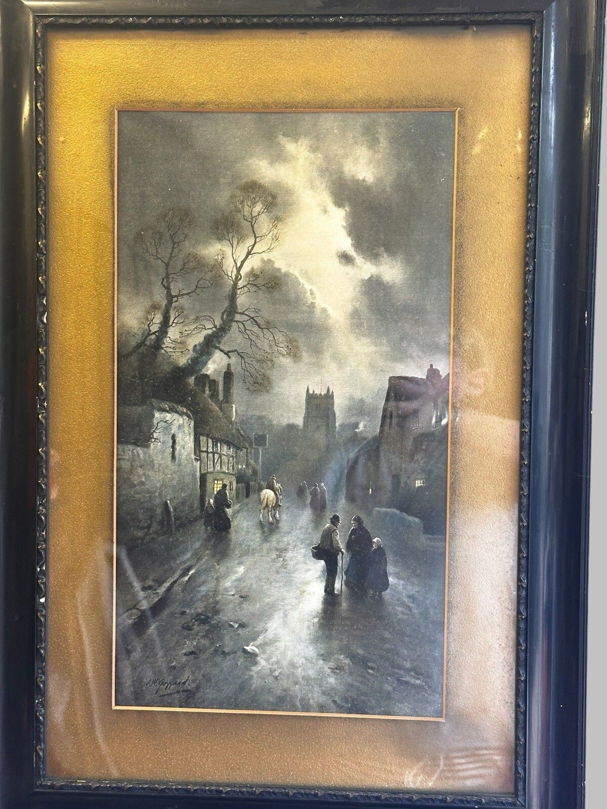 Antique Lithograph /Village By Moonlight. James Walter  Gozzard 66cm By 45cm photo Art