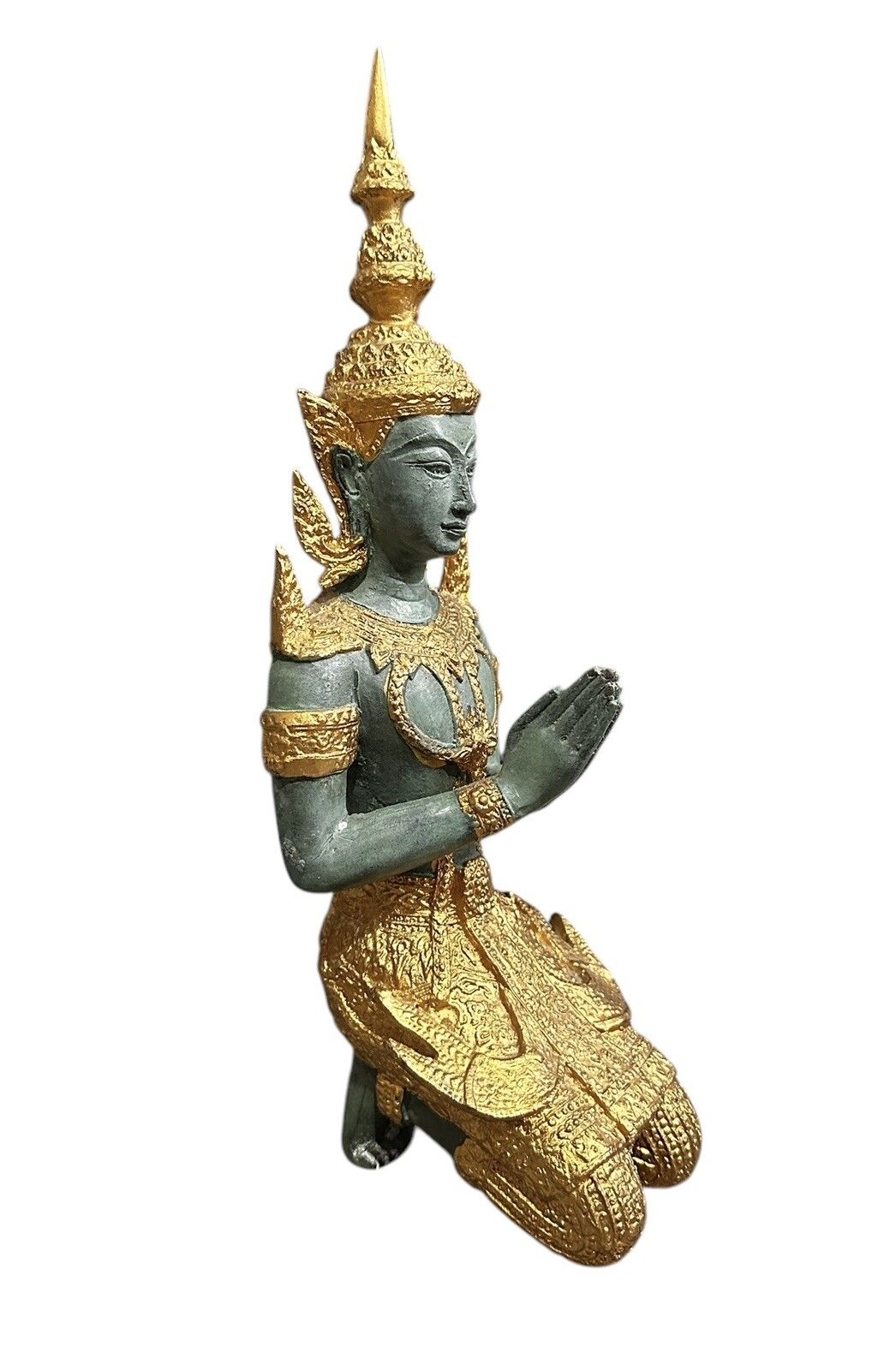 Early 20th Gilt Verdi Heavy Bronze Kneeling Praying Deity 33cm Tall