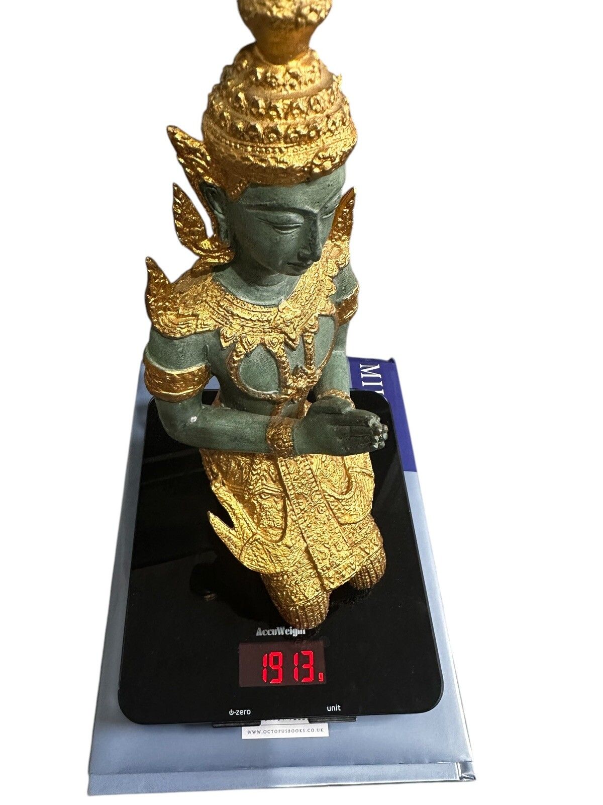 Early 20th Gilt Verdi Heavy Bronze Kneeling Praying Deity 33cm Tall photo vintage