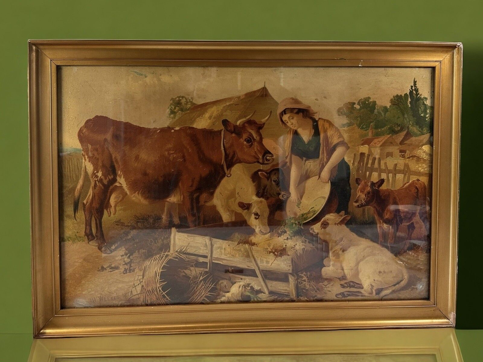 Henry Weekes 1877 Framed Glazed Oleograph Farm Scene 65cm By 45cm