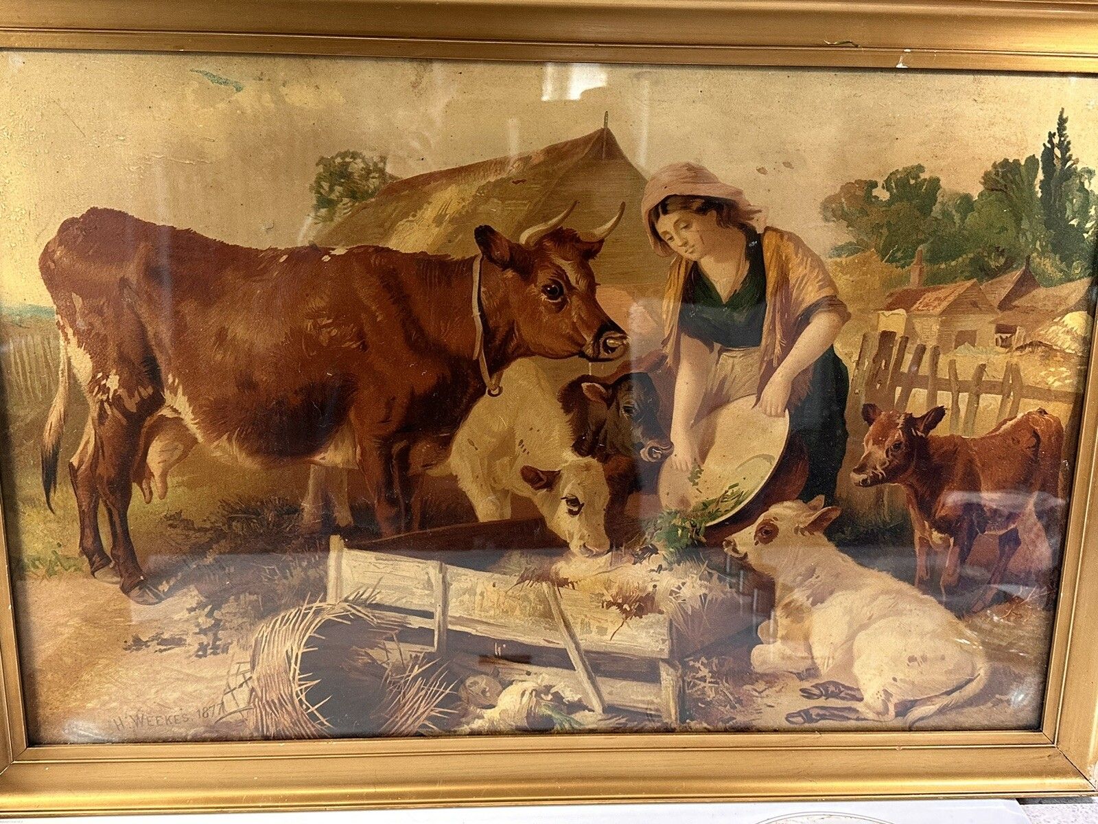 Henry Weekes 1877 Framed Glazed Oleograph Farm Scene 65cm By 45cm photo Art