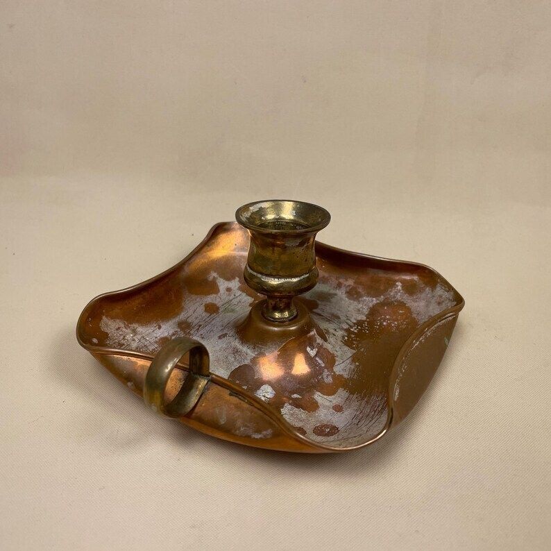 Antique Copper Brass Metal Candlestick Chamber Candle Stick Handle Ornate Patterned Base Vintage Round Handle Taper Dinner Aged Patina Brass photo Home Decor