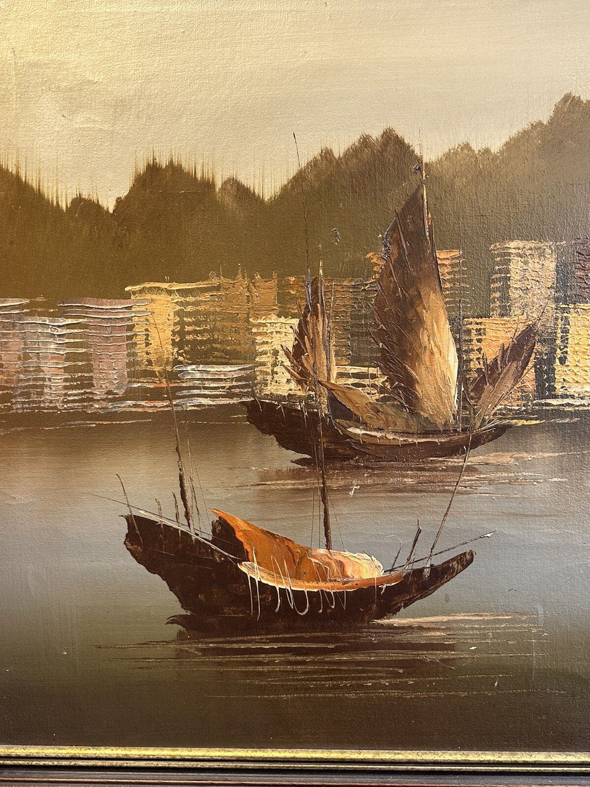 Mid Century Oil On Canvas Hong Kong Victoria Harbour Painting 120cm By 66cm photo for sale