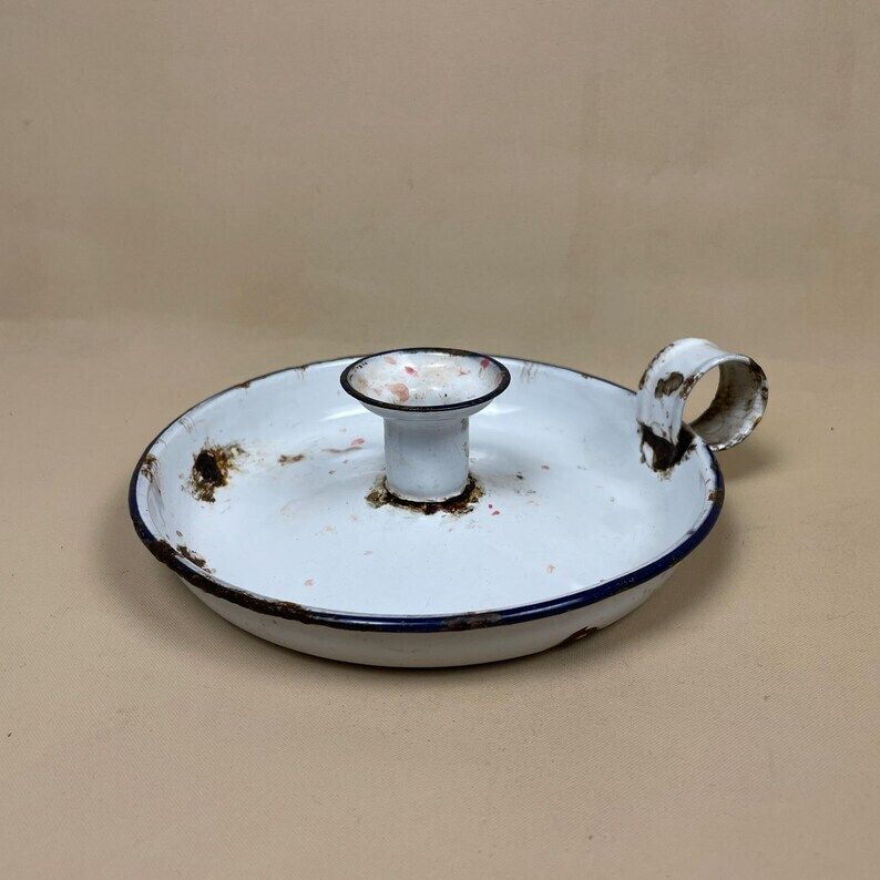 Antique Metal Enamel Candlestick Chamber Candle Stick Handle Blue White Painted Base Vintage Round Handle Taper Dinner Retro Old photo for sale
