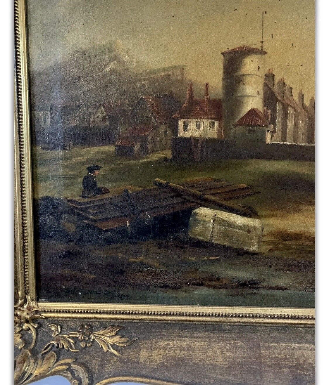 19tn Century Oil On Canvas Nautical Fishing Harbour Scene ￼In Style Of Godchaux photo for sale