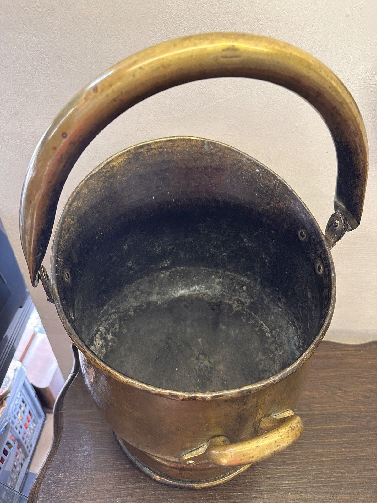 Antique Large Brass Helmet Coal Scuttle Country House Planter / Log / Coal photo for sale
