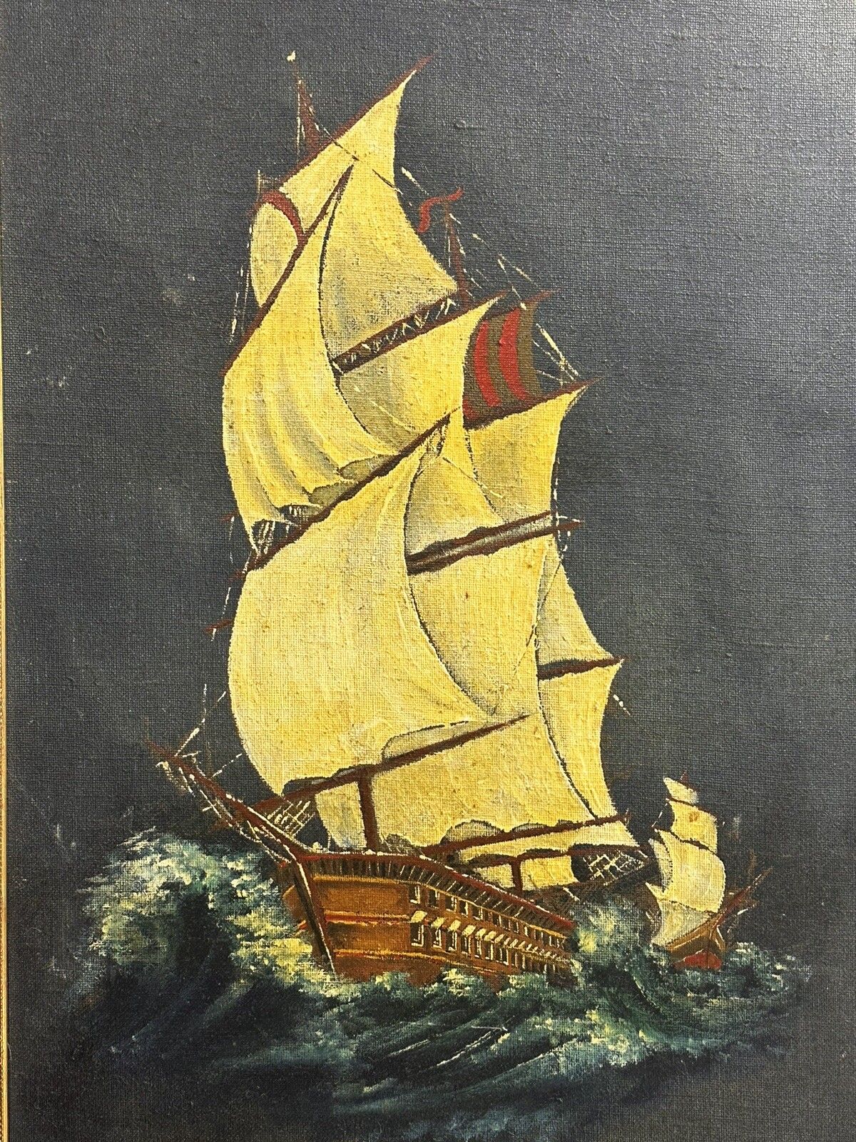 Mid Century Large Oil Painting On Canvas Galleon Nautical Ship Scene 82 X 57cm photo furniture