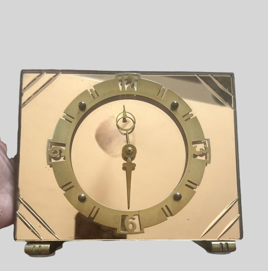 Peach Glass English Smiths Made Art Deco Desk Mantle Clock Timepiece
