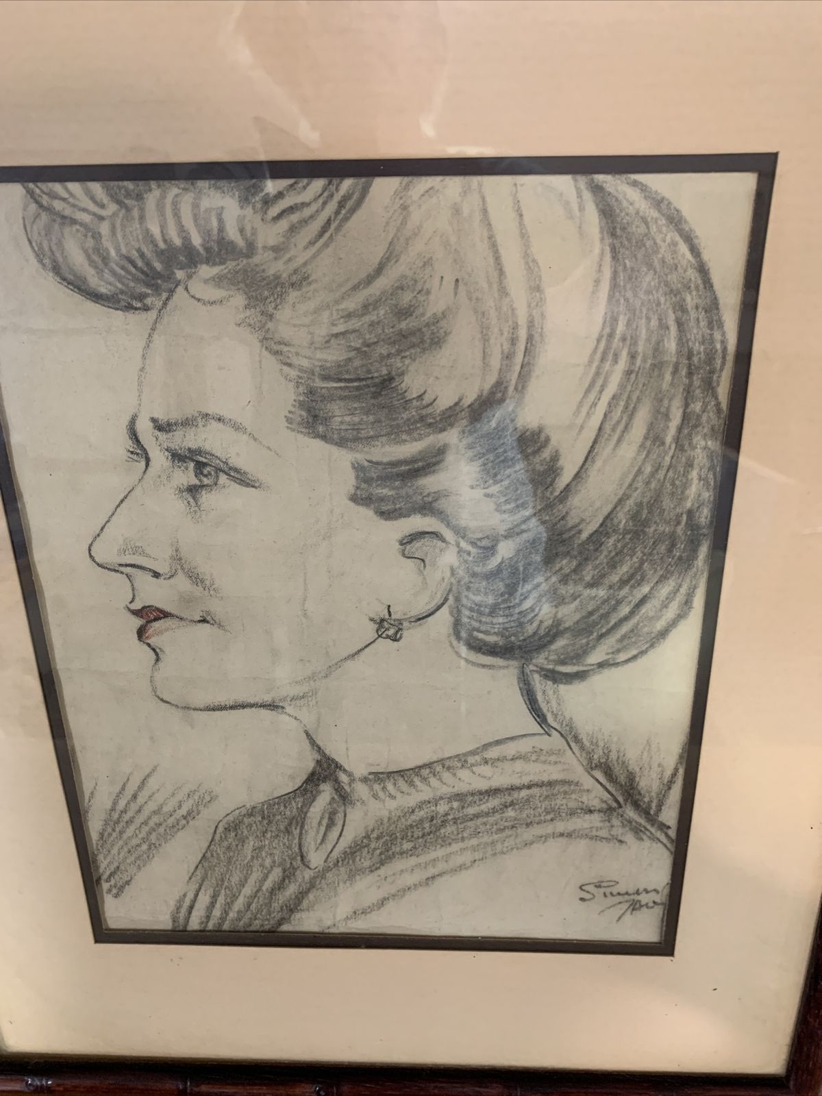 Vintage Pencil Portrait Sketch Signed By Artist photo furniture