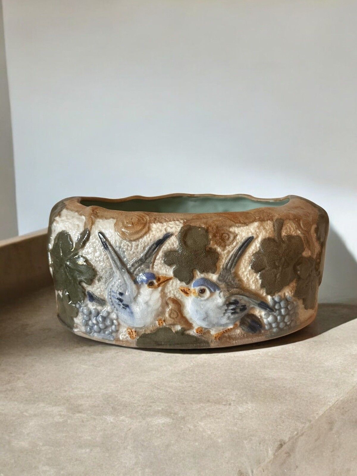 Mid Century Large British Made Glazed Hand Painted Pottery Planter Love Birds