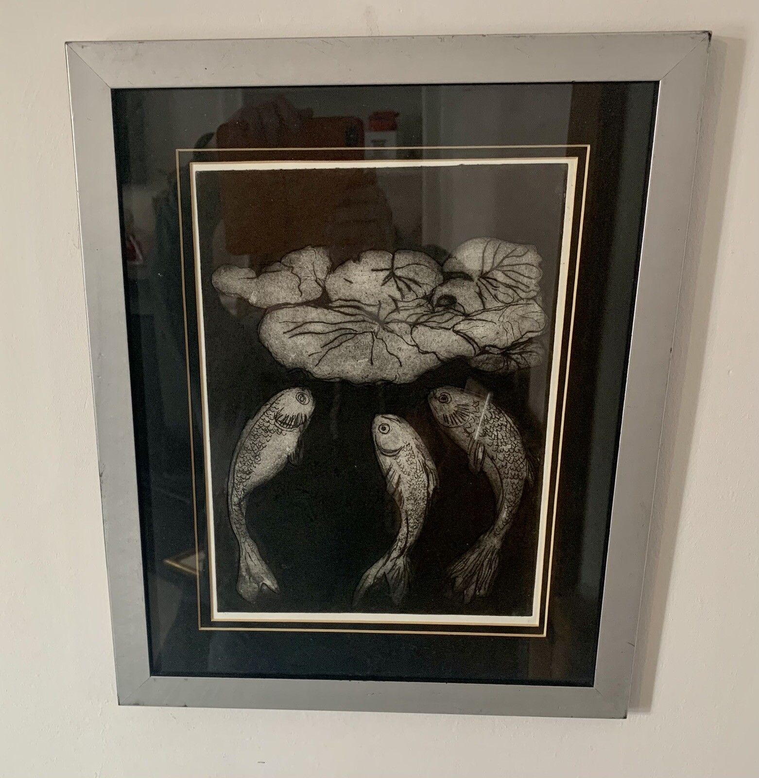 Vintage Framed Glazed Fish Koi Study Ink Drawing Superb 42cm By 35cm photo for sale