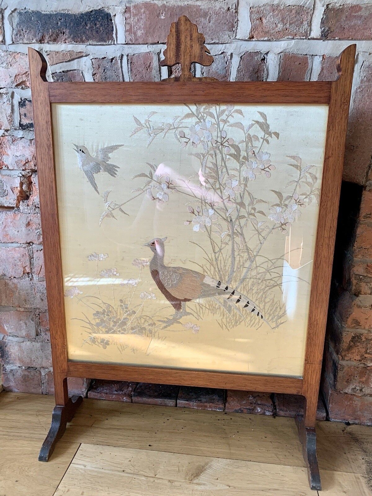 Stunning Edwardian Needlework Embroidered Oak Firescreen  Large Country House