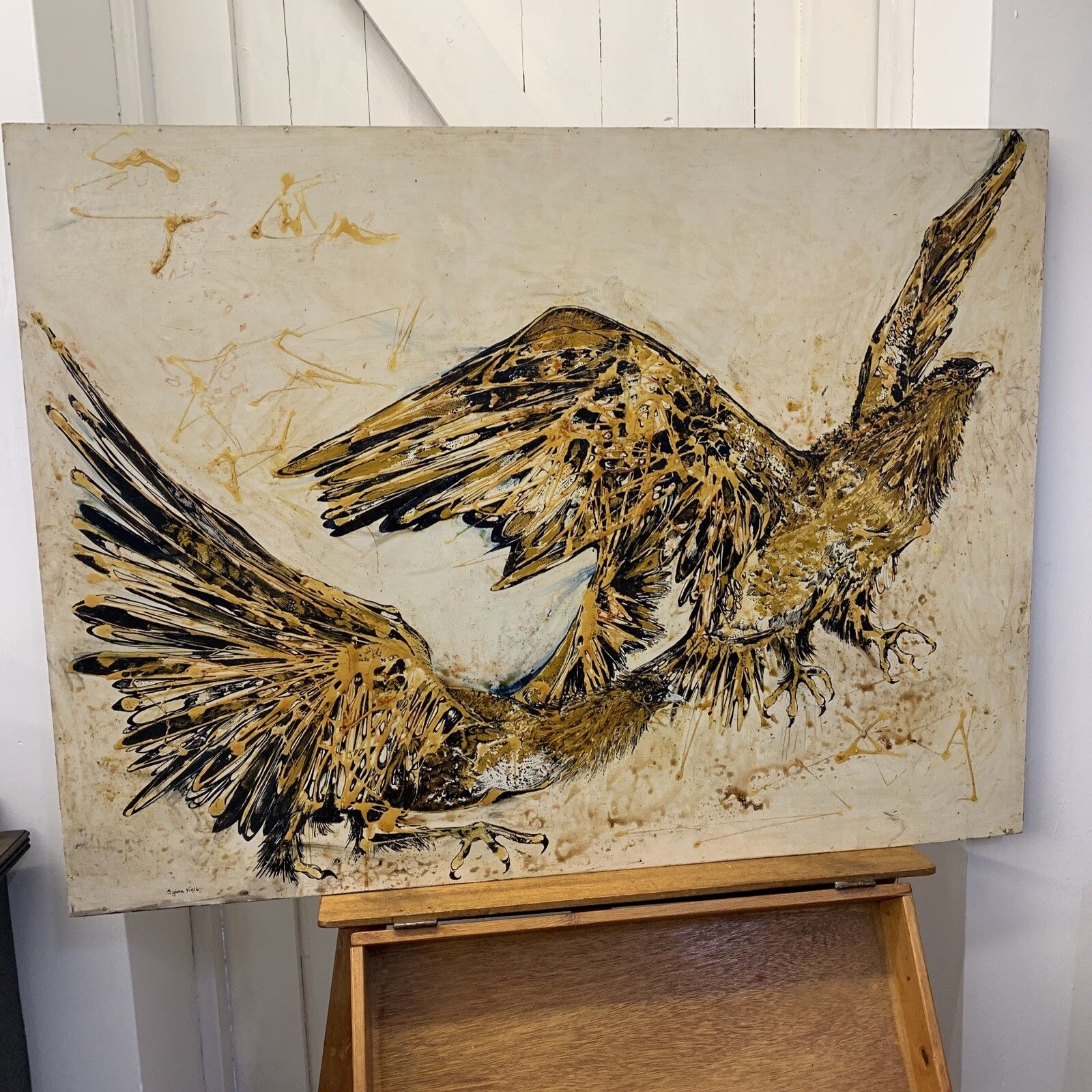 Vintage Original Signed Painting By Sylvia Field Falcon /  Kestrel 92 By 69cm photo furniture