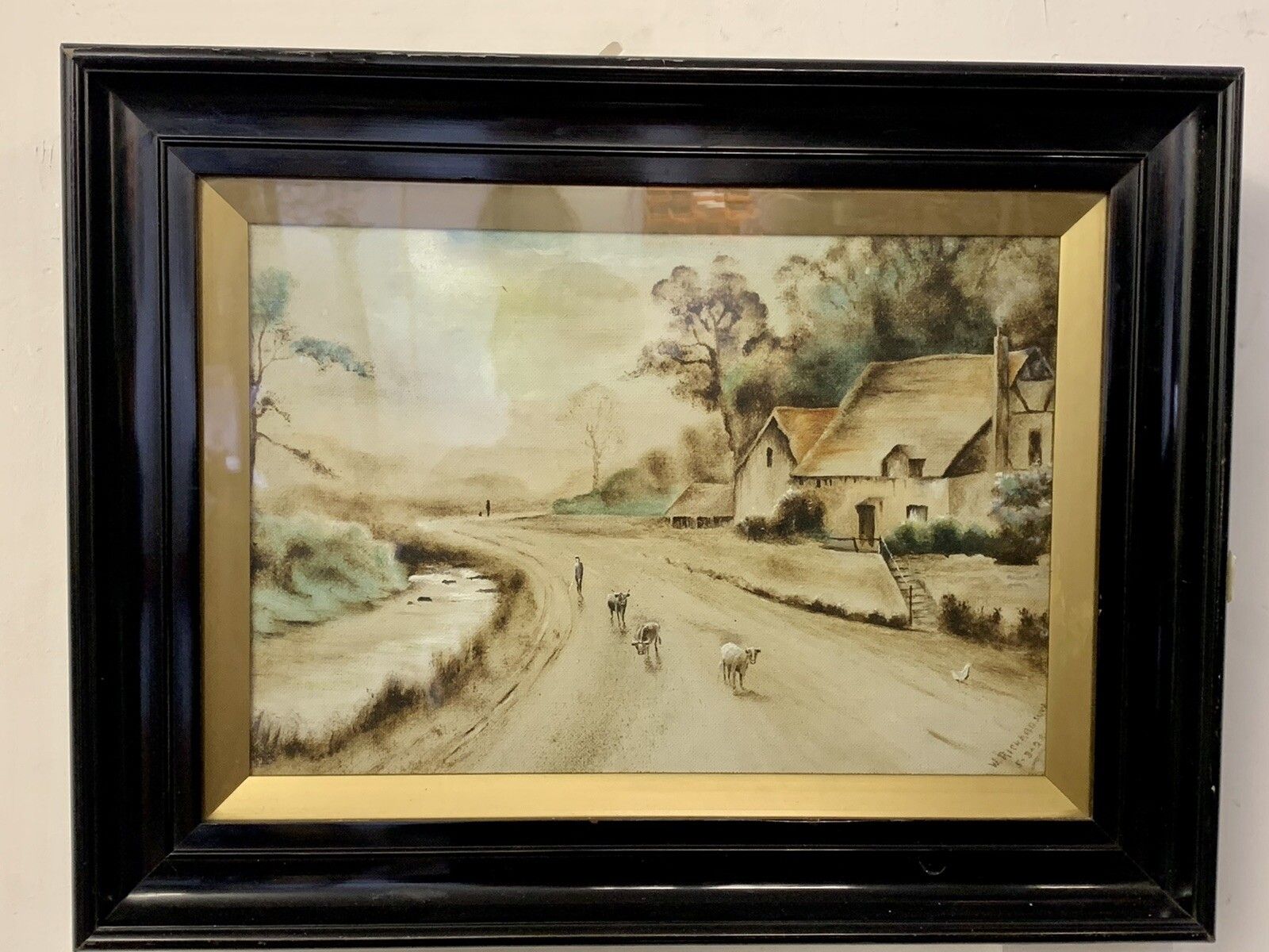 Original 19th Century Painting By W Richardson  Country Sheep Scene Farm  House￼