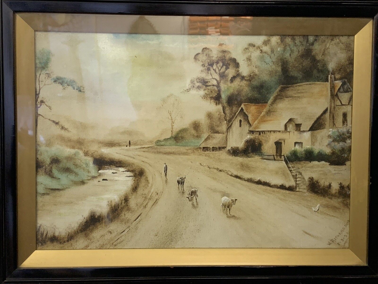 Original 19th Century Painting By W Richardson  Country Sheep Scene Farm  House￼ photo for sale