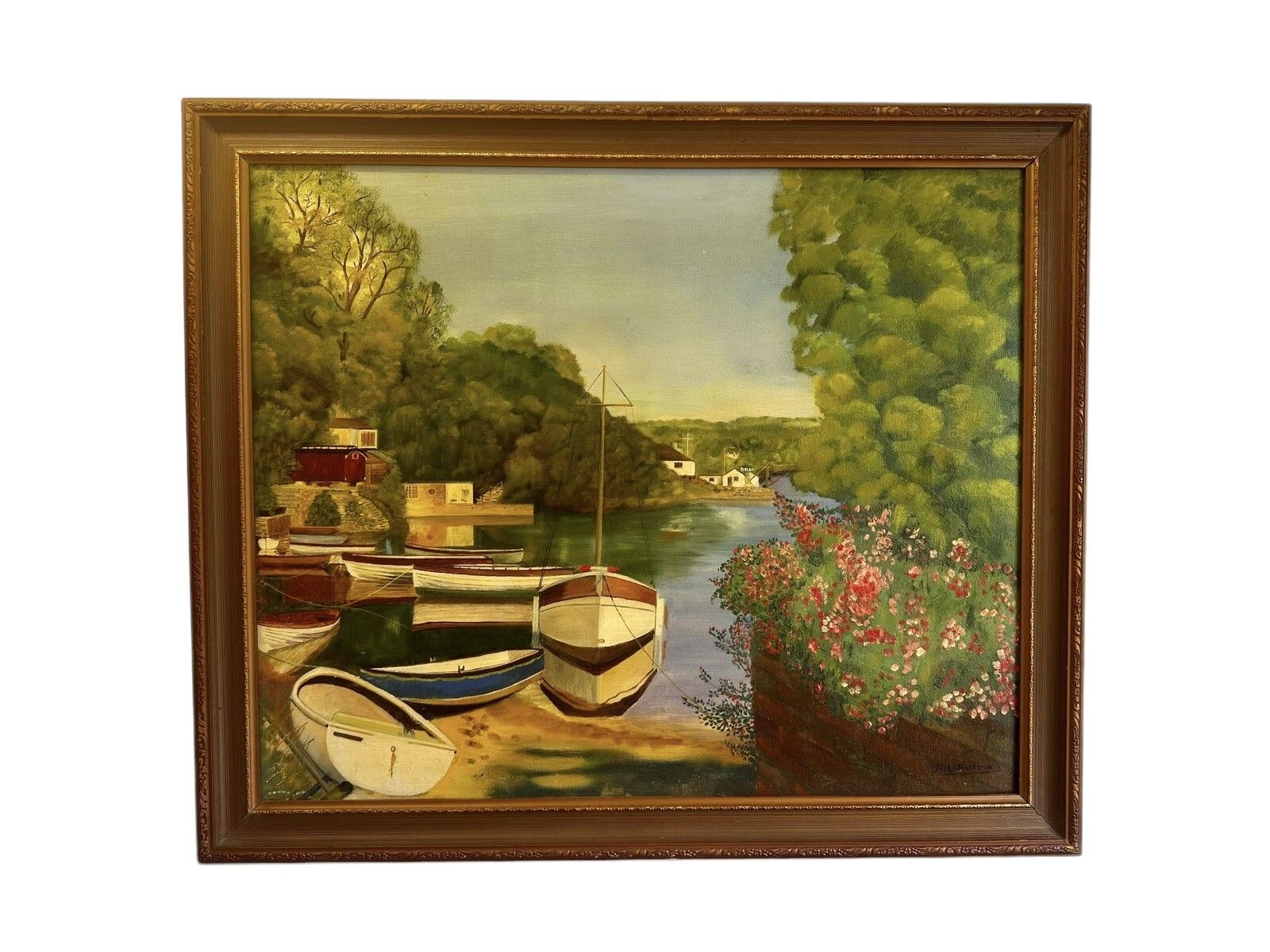 Fine Mid Century Oil Painting Harbour Scene Signed 68cm By 58cm