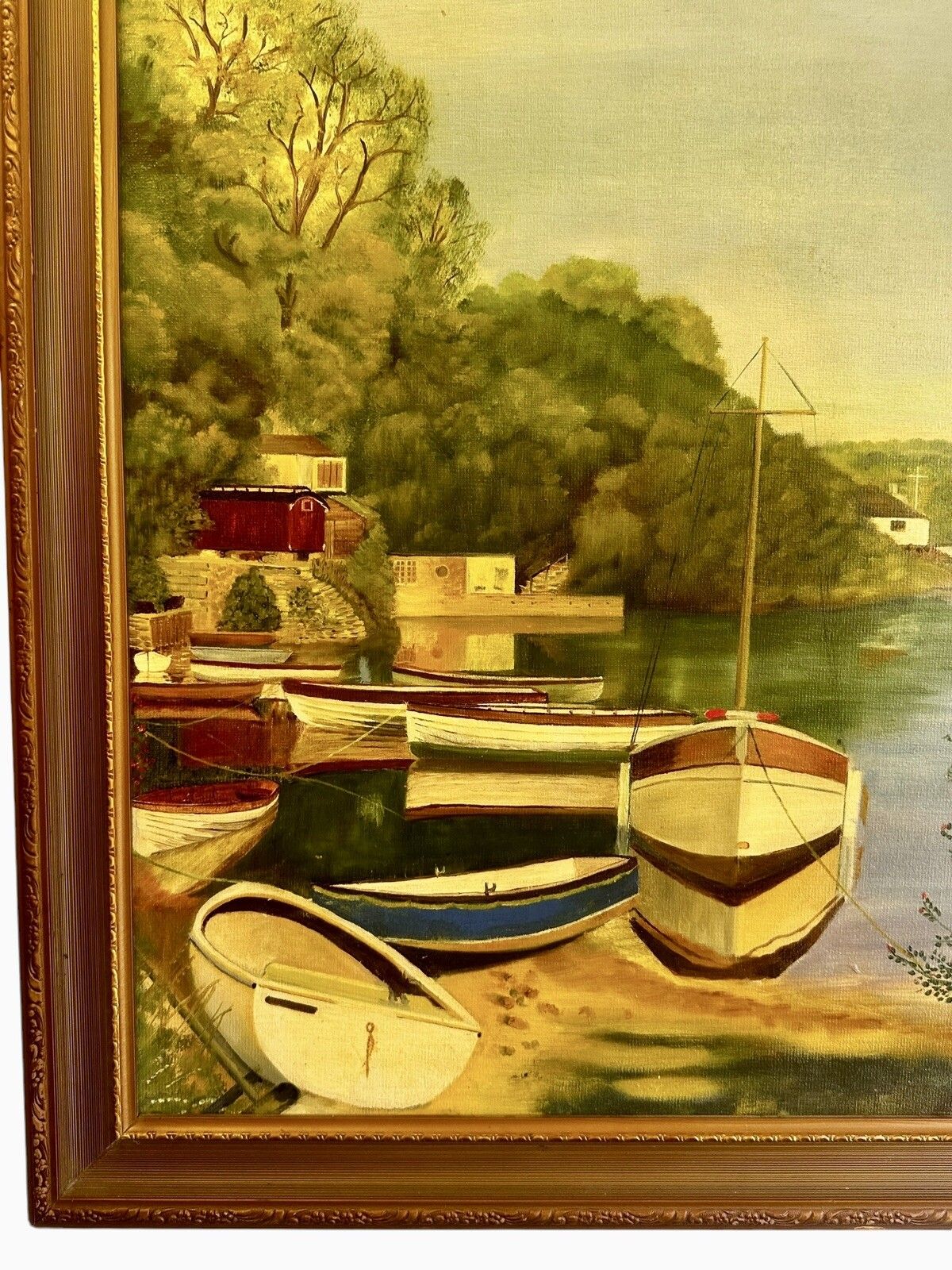 Fine Mid Century Oil Painting Harbour Scene Signed 68cm By 58cm photo vinterior
