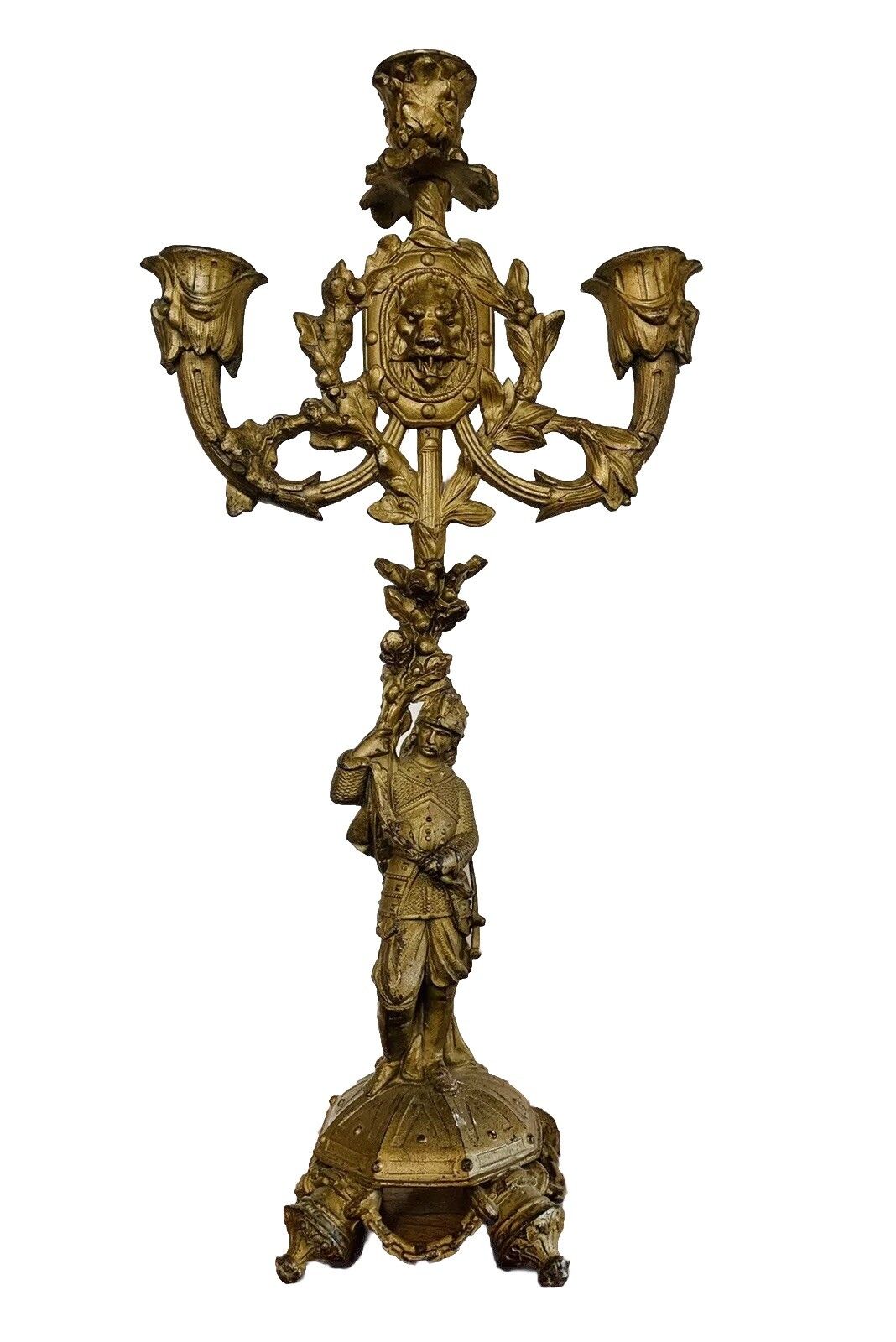 Antique Gilt European 19tn Century Large Three Arm Candelabra European Soldier