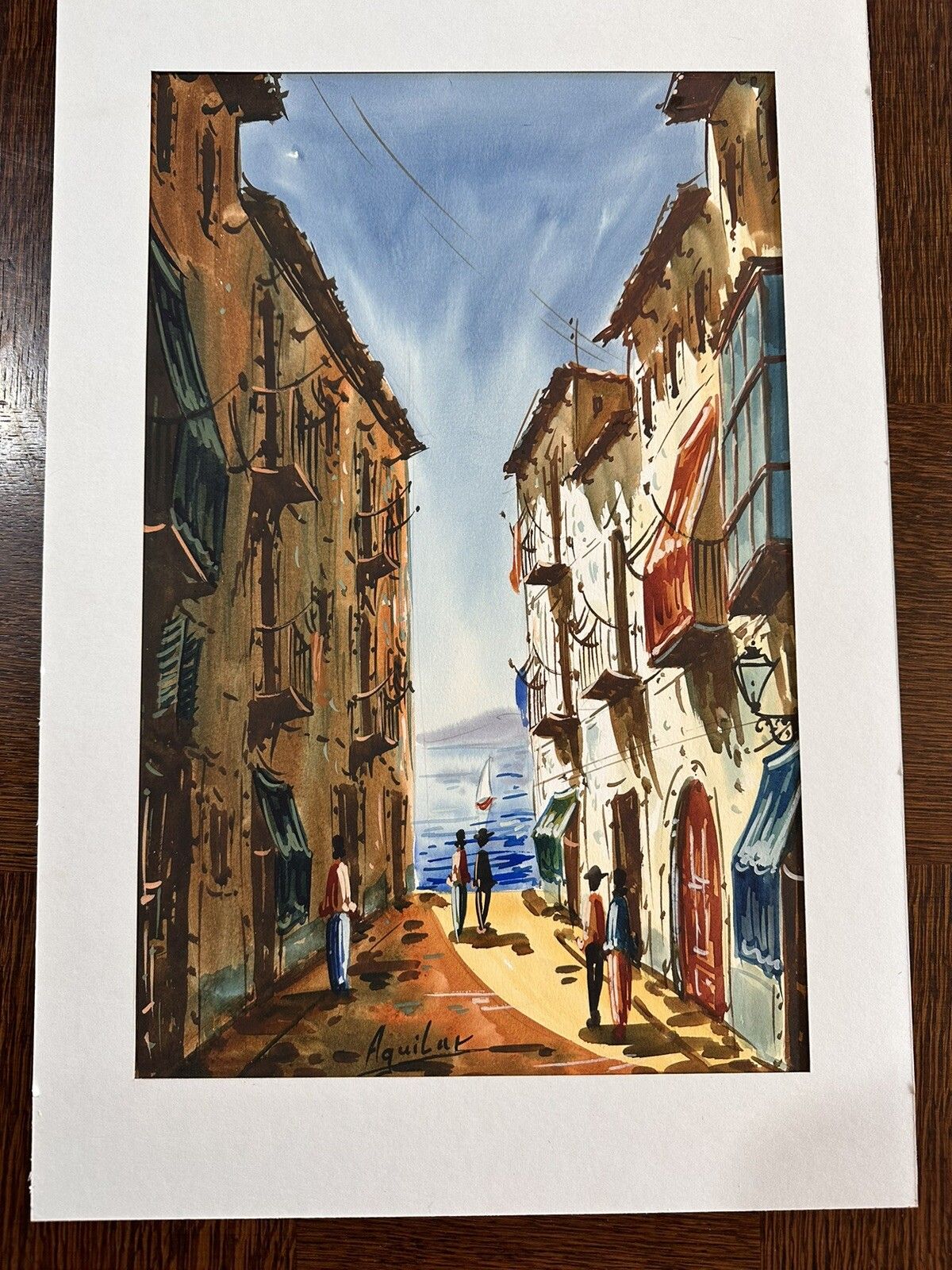 Original Signed Watercolour By Jorge Aguilar Barcelona Street Scene photo for sale