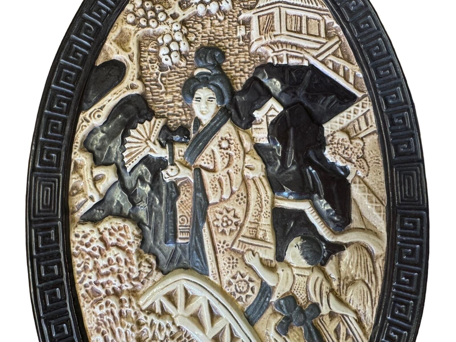 Antique Bretby Pottery Oval Oriental Japanese Pottery Wall Art Plaque...Gorgeous photo for sale