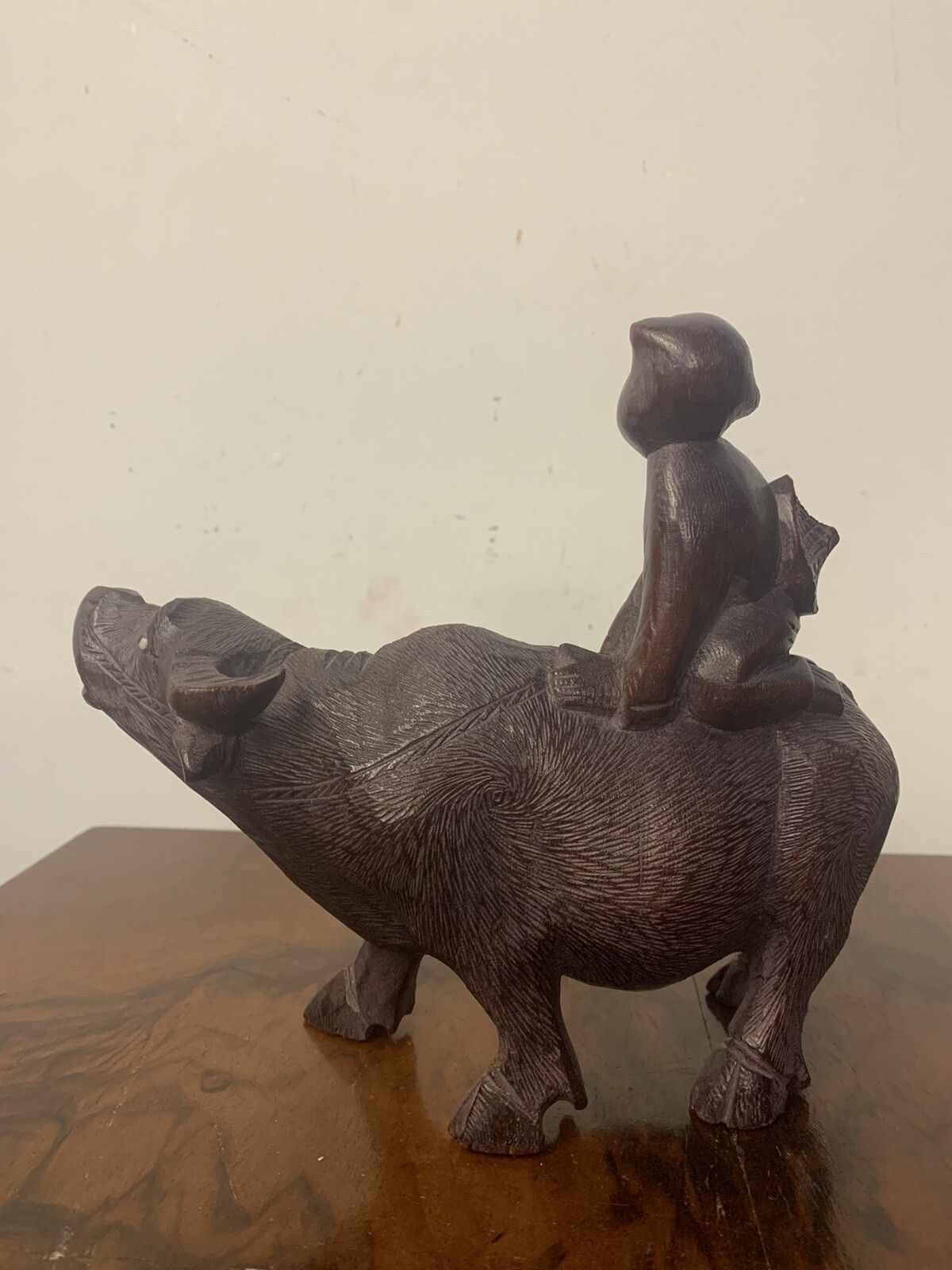 Vintage Asian Hand Carved Water Buffalo Wood Figure Statue Boy Ox Bull photo 75.0