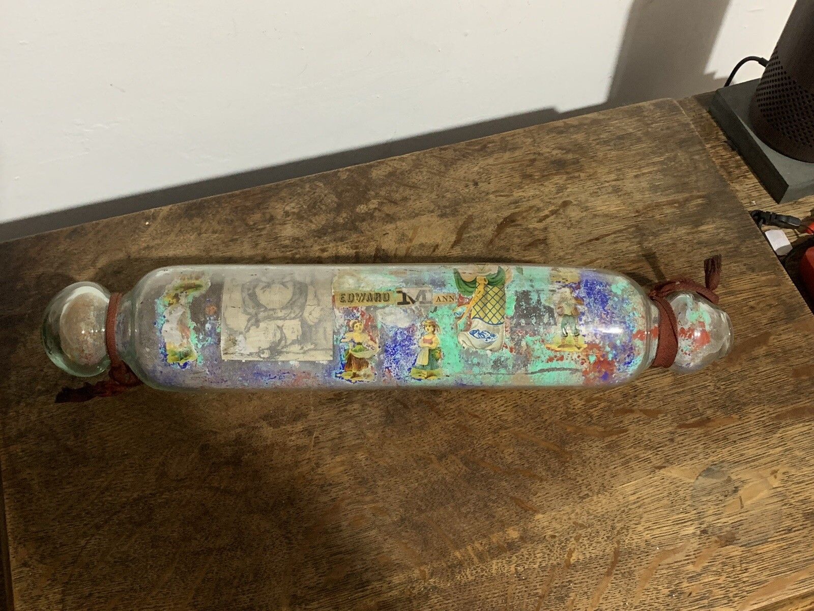 Victoria Hand Painted  Glass Rolling Pin. 39cm Advertising Edward Mann photo vintage