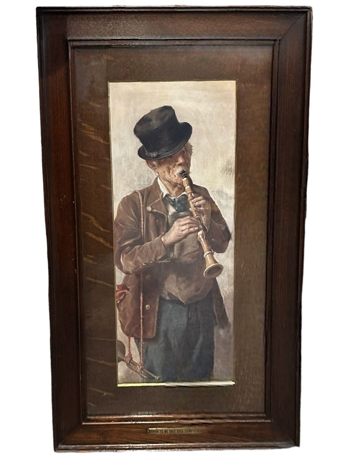 Antique 19th Century Coloured Lithograph  Oak Framed Musician 65cm By 38cm