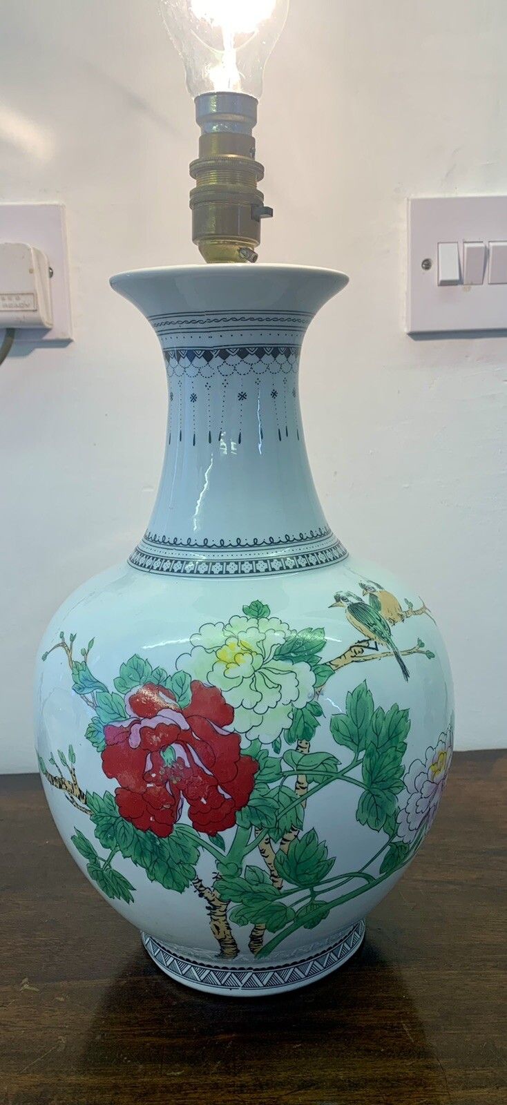 Vintage Mid Century Oriental Ceramic Vase Table Lamp Hand Painted Floral Birds photo for sale