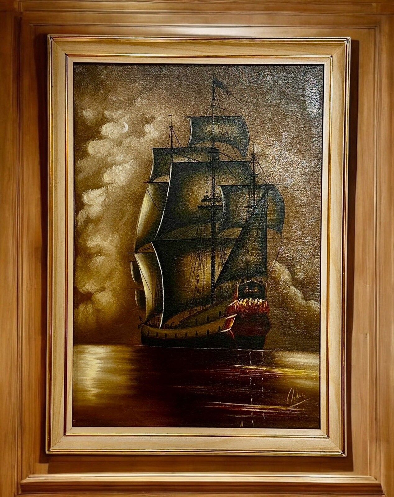 Mid Century Seascape Oil Painting Wood Frame, Signed By Artist Ship Maritime