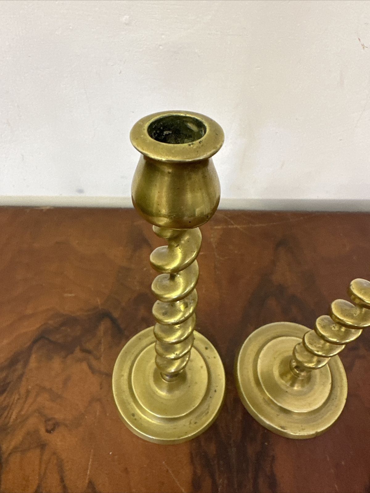 Pair Of Antique 19c English Barley Twist Brass Candlesticks Gorgeous photo for sale