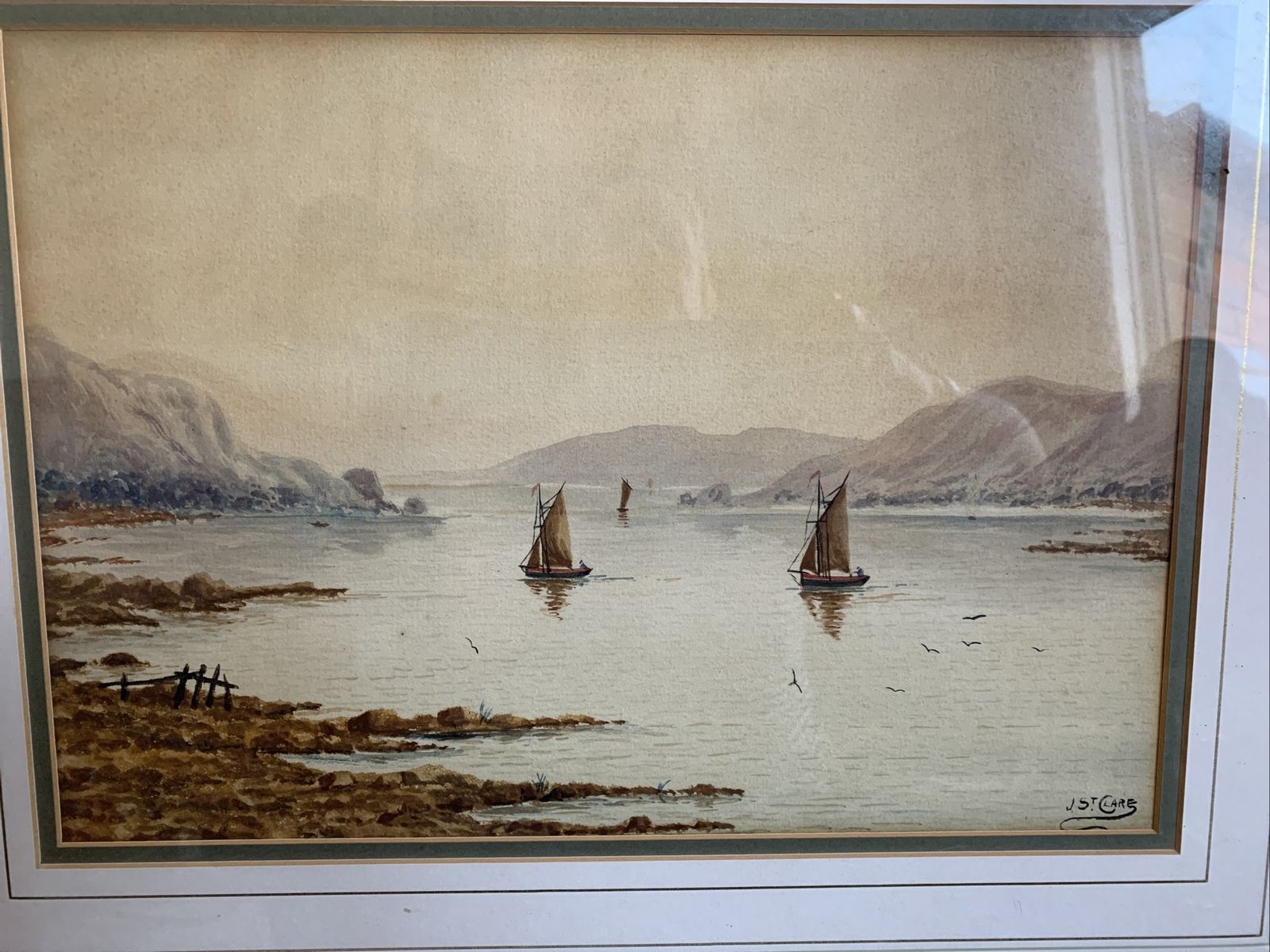Original Watercolour Signed By Arist J St Clare Waterscape Sailing photo furniture