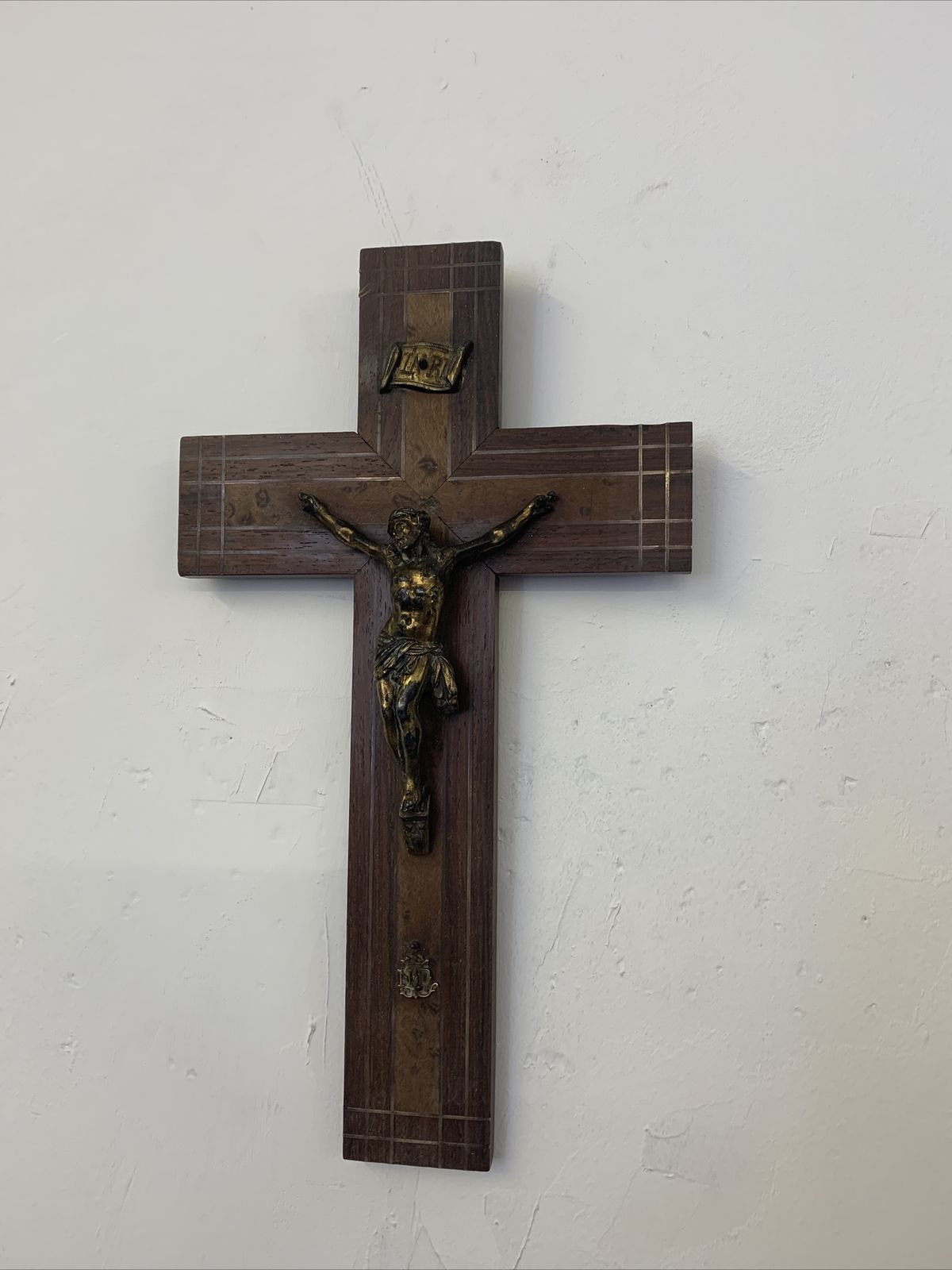 Antique French Oak Walnut And Brass Inlay Crucifix Fabulous Quality photo for sale