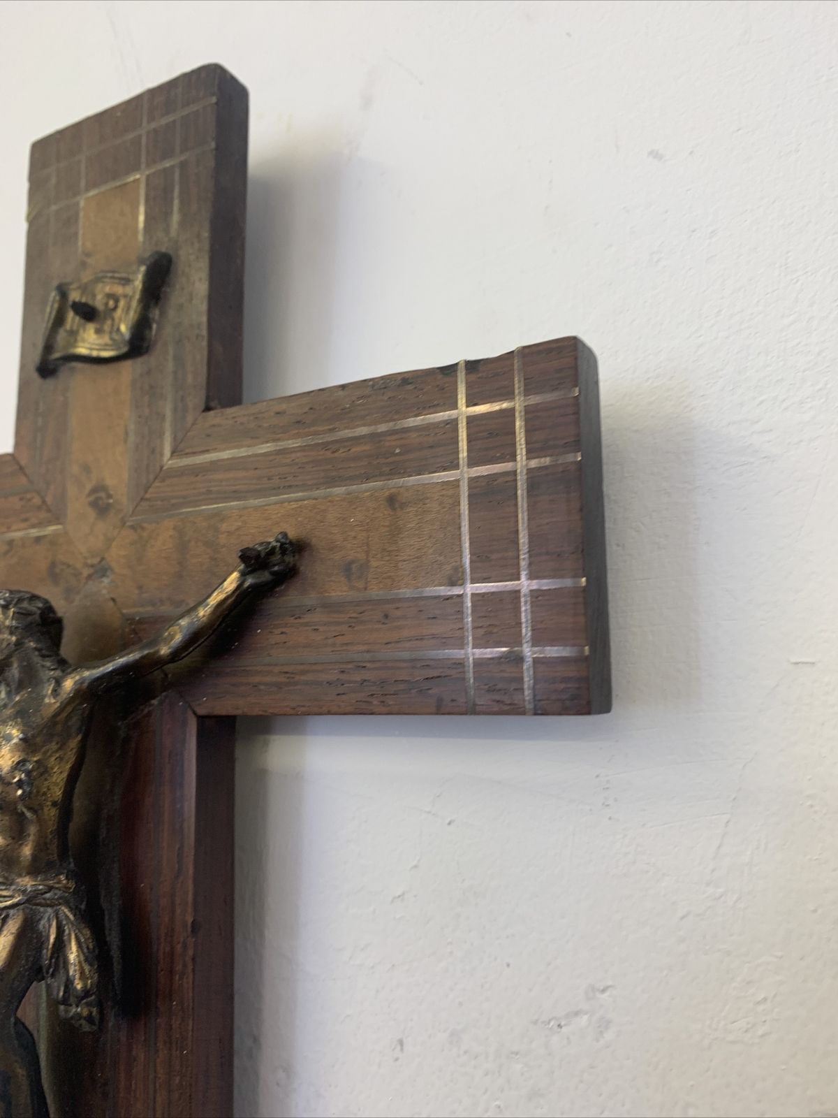 Antique French Oak Walnut And Brass Inlay Crucifix Fabulous Quality photo 60.0