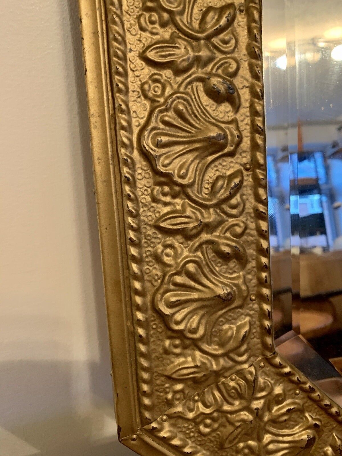 Mid Century French Embossed Metal Gold Ornate Mirror  Bevelled 76cm By 46cm photo for sale