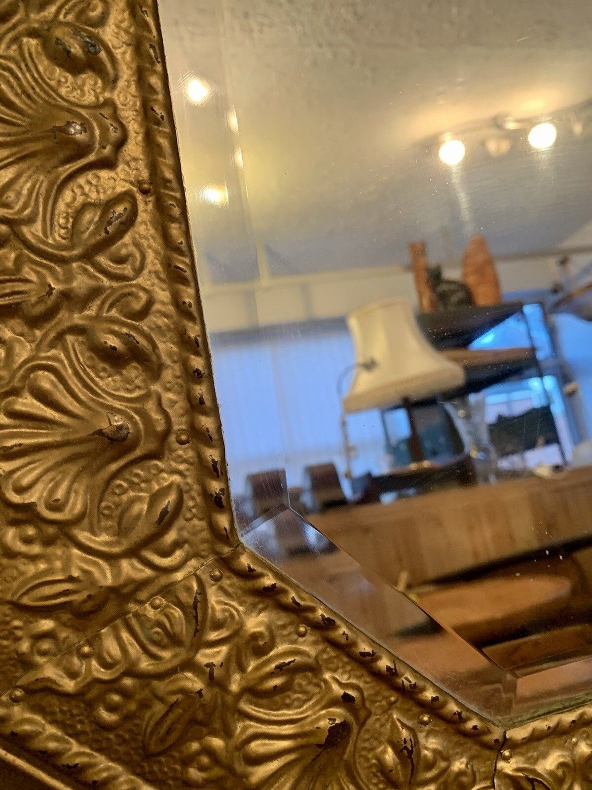 Mid Century French Embossed Metal Gold Ornate Mirror  Bevelled 76cm By 46cm photo Home Decor