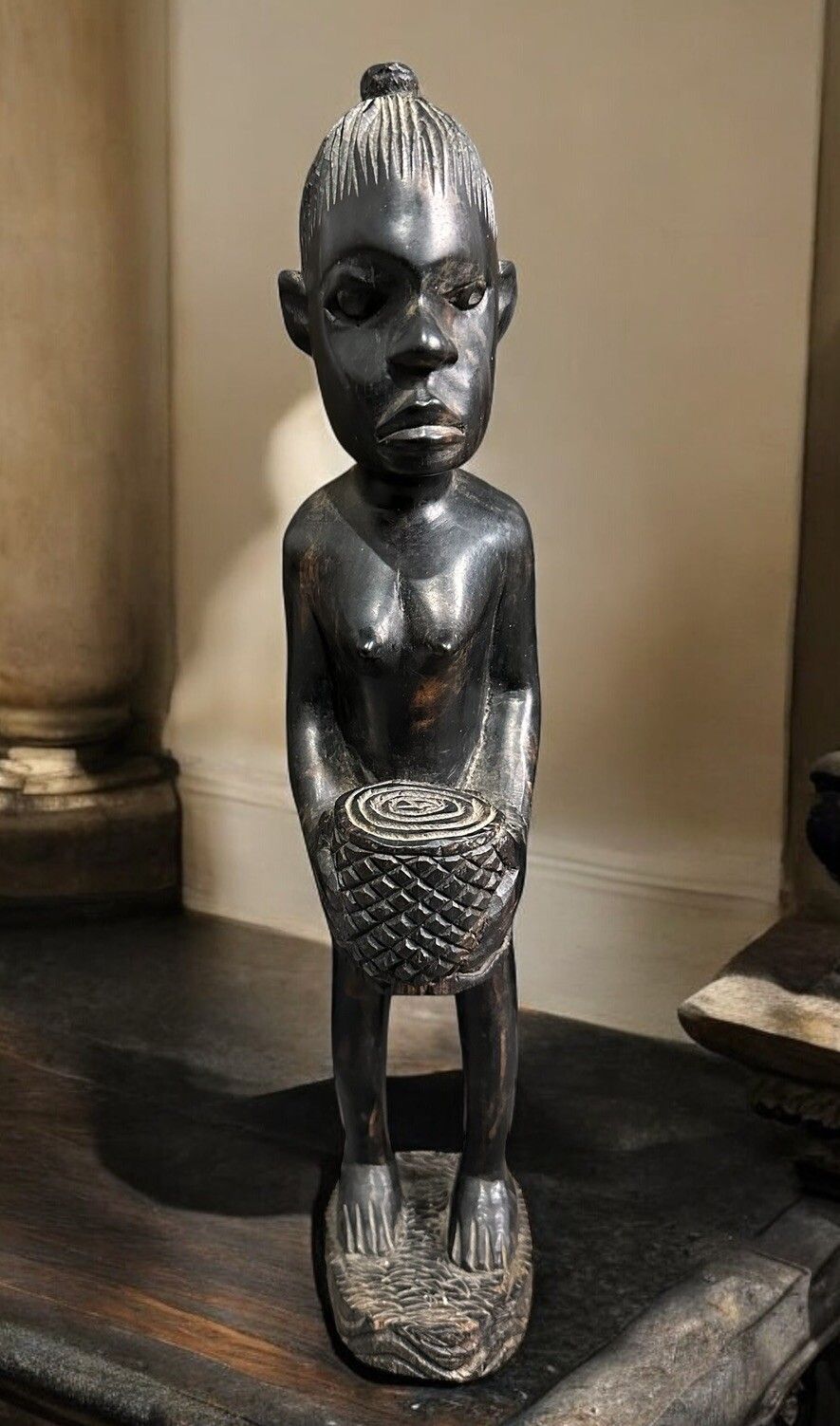 Antique Old Wooden Hand Carved Black African Tribal Woman Figure Sculpture