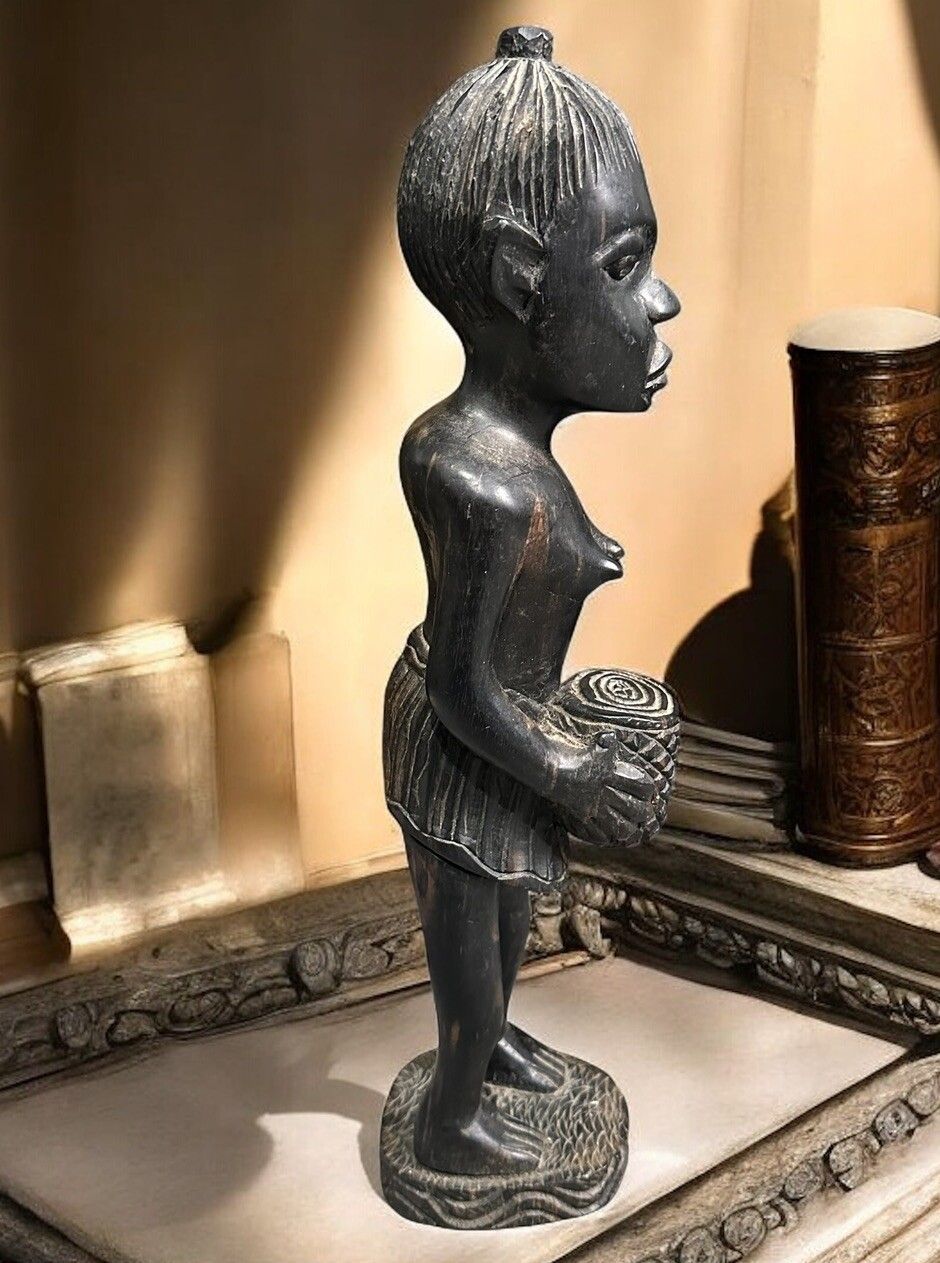 Antique Old Wooden Hand Carved Black African Tribal Woman Figure Sculpture photo for sale