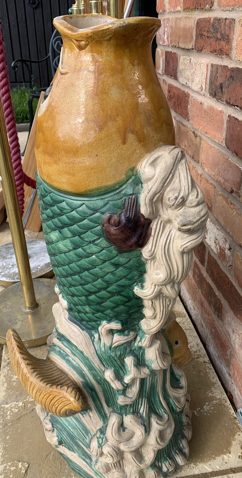 Huge Magnificent Chinese Sancai Glaze Figural Pottery Koi Fish Vase photo 395.0