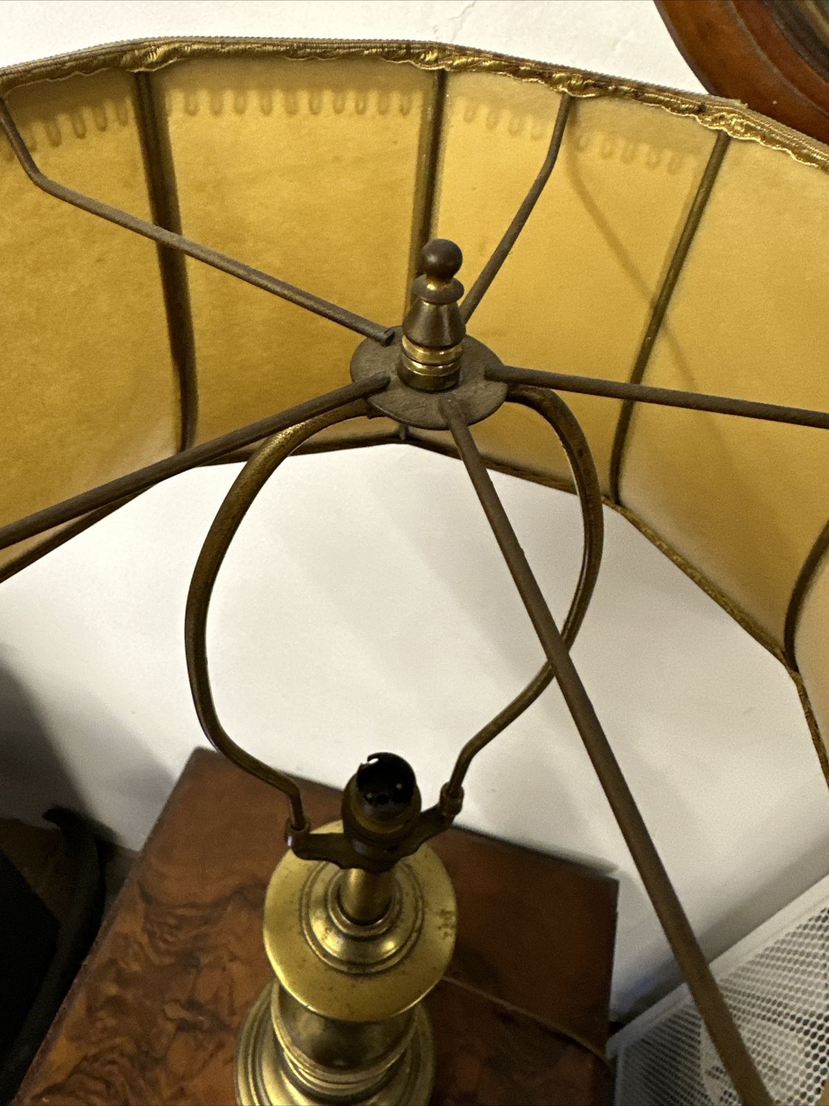125.0 Beautiful Huge 32” Antique Brass Bulbous Lamp With Stunning Shade photo