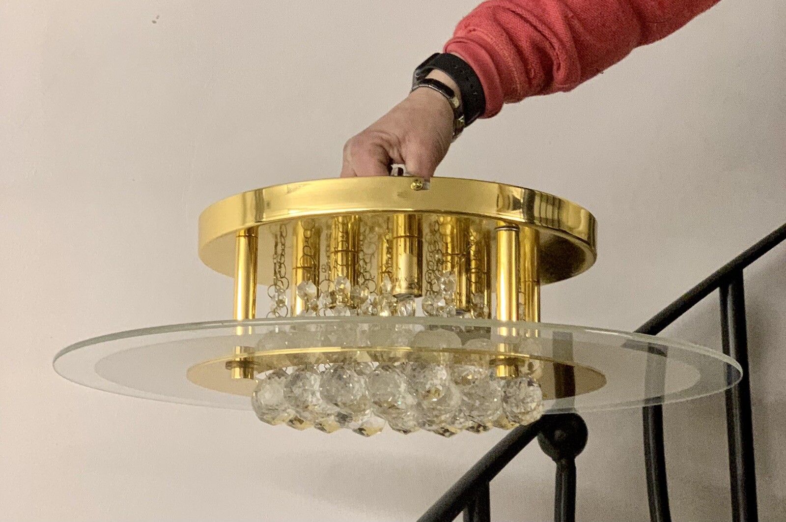 Vintage Stunning Crystal Flush Mount  Chandelier Glass And Gold Plated