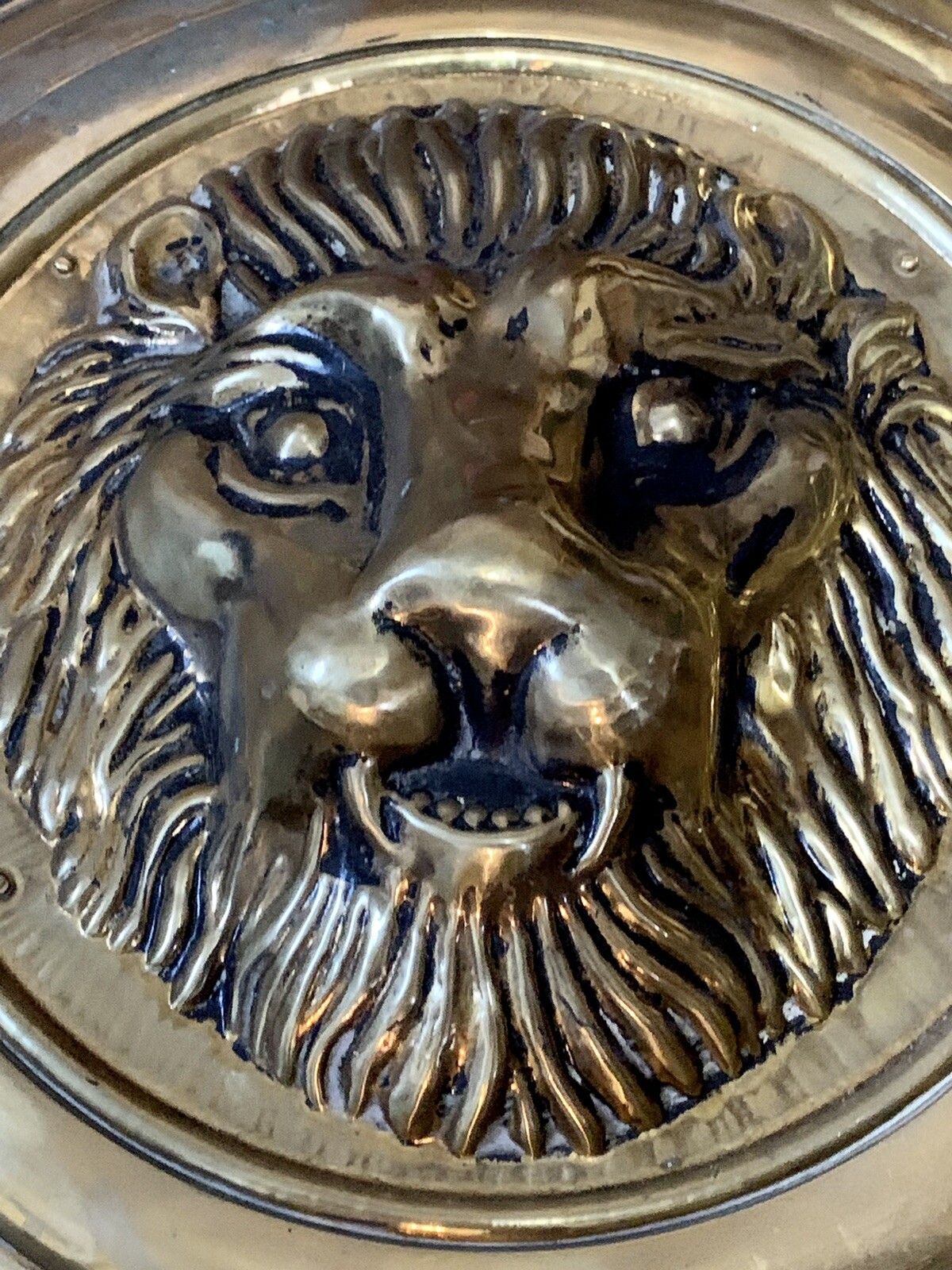 Antique Reclaim 19th C Large Brass Lion Head Plaque   Mounted  Superb  41cmd photo for sale