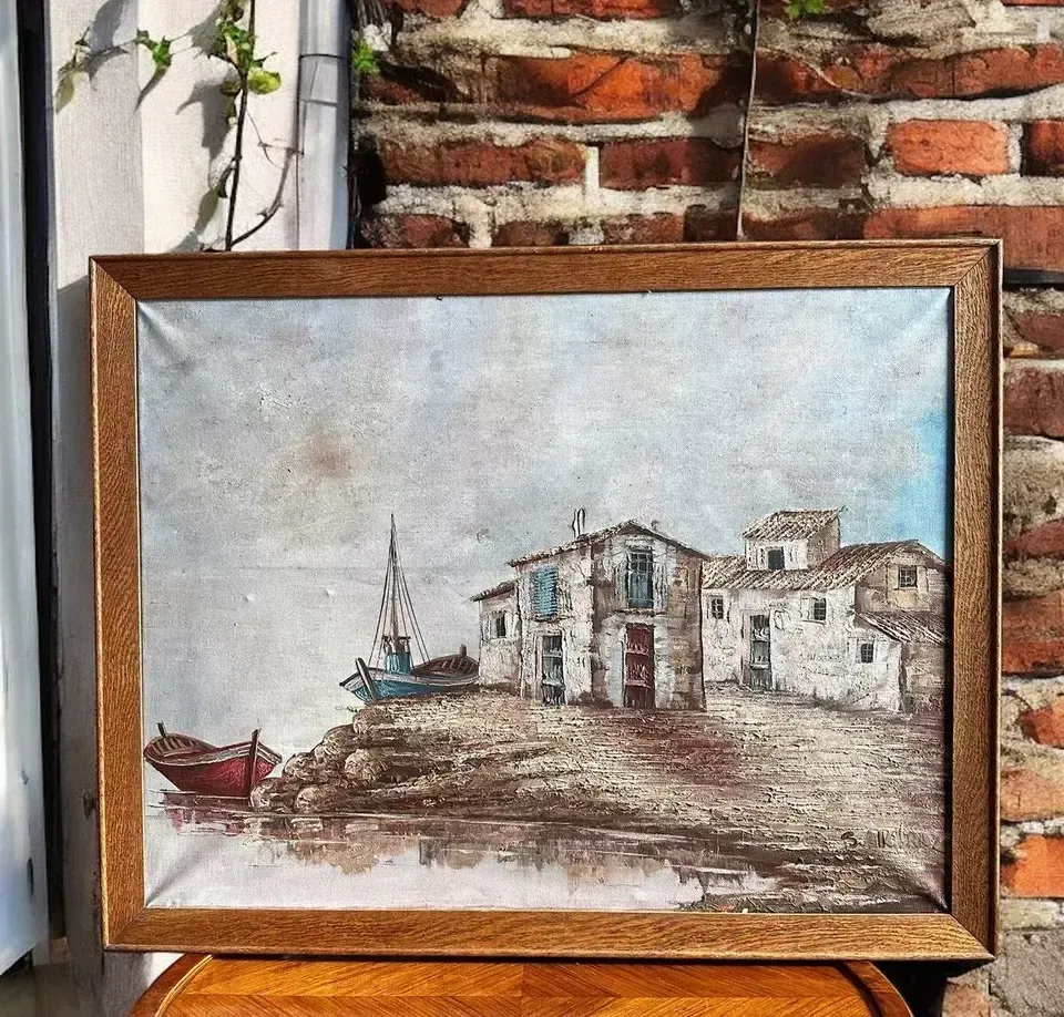 Mid Century Signed Oil Nautical Spanish Harbour Fishing Scene 70cm By 56cm