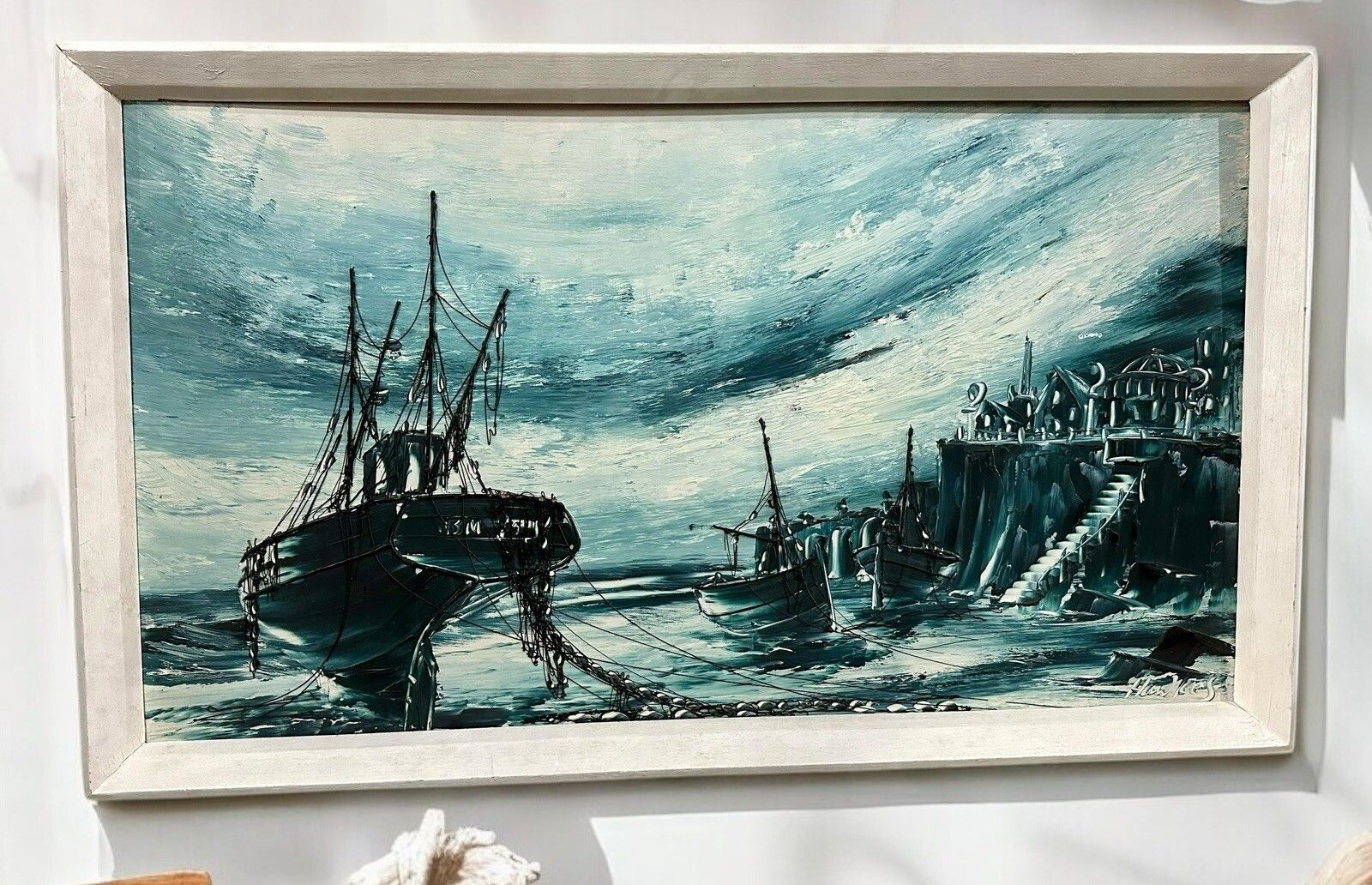 Mid Century Original Signed Fishing Nautical Maritime Scene 80cm By 48cm