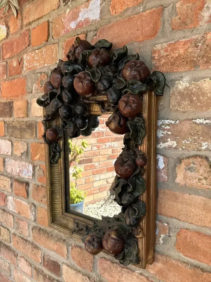 Sensational Chunky Heavily Carved Autumnal Square Mirror With Fruit And Foliage photo 250.0