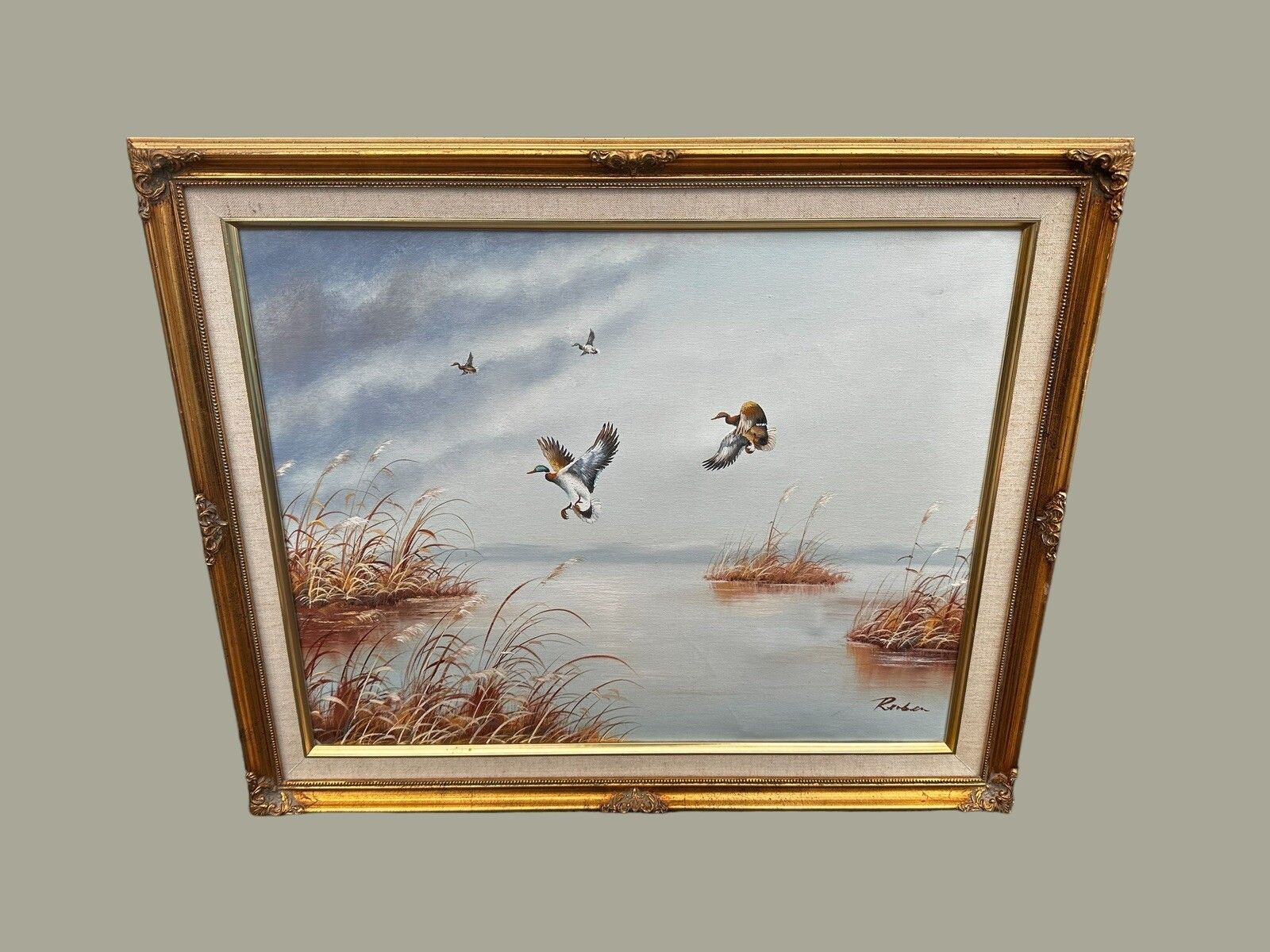 Mid Century  Signed Oil Painting On Canvas Landscape W/Ducks In Flight 60x50cm photo furniture