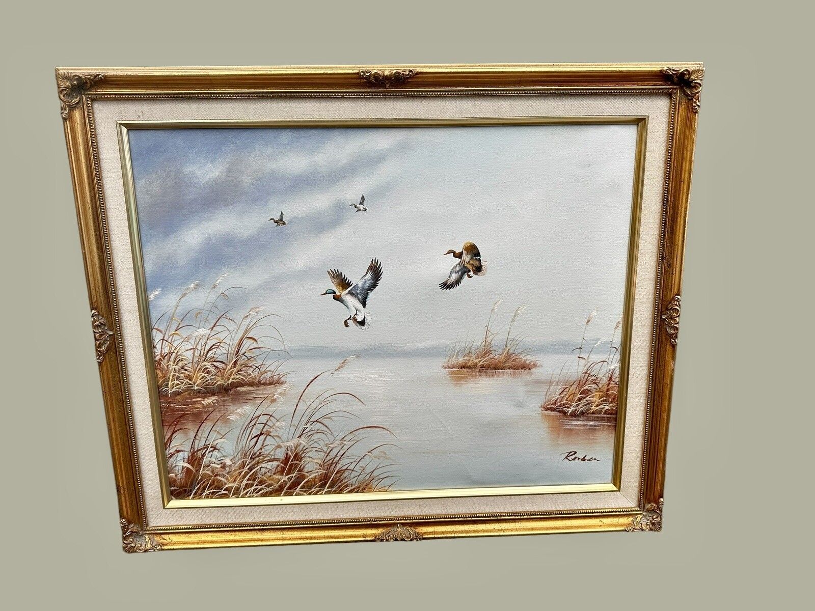 Mid Century  Signed Oil Painting On Canvas Landscape W/Ducks In Flight 60x50cm photo for sale