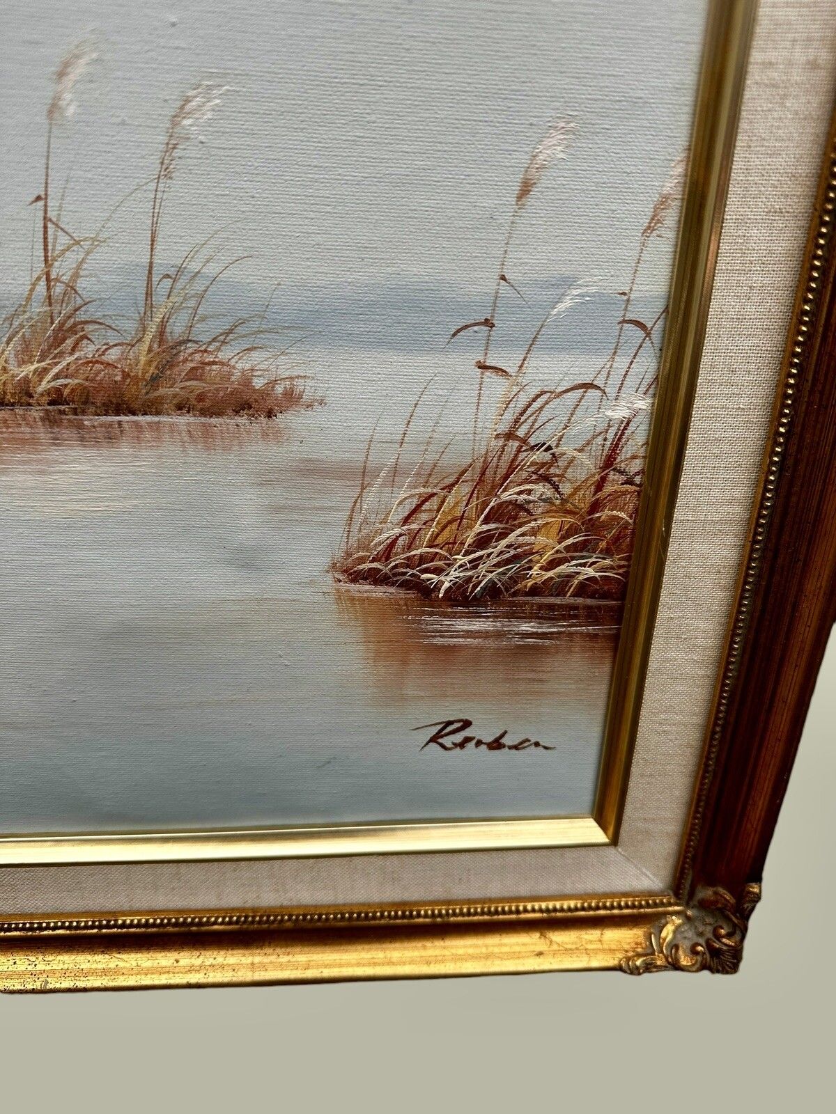 Mid Century  Signed Oil Painting On Canvas Landscape W/Ducks In Flight 60x50cm photo vinterior
