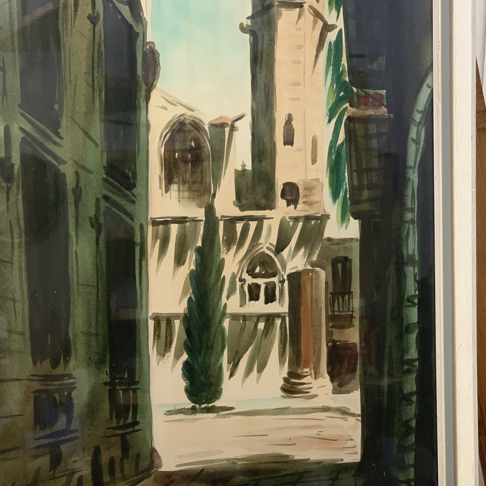 Mid Century Framed Glazed Signed Watercolour Italian Street Scene photo furniture