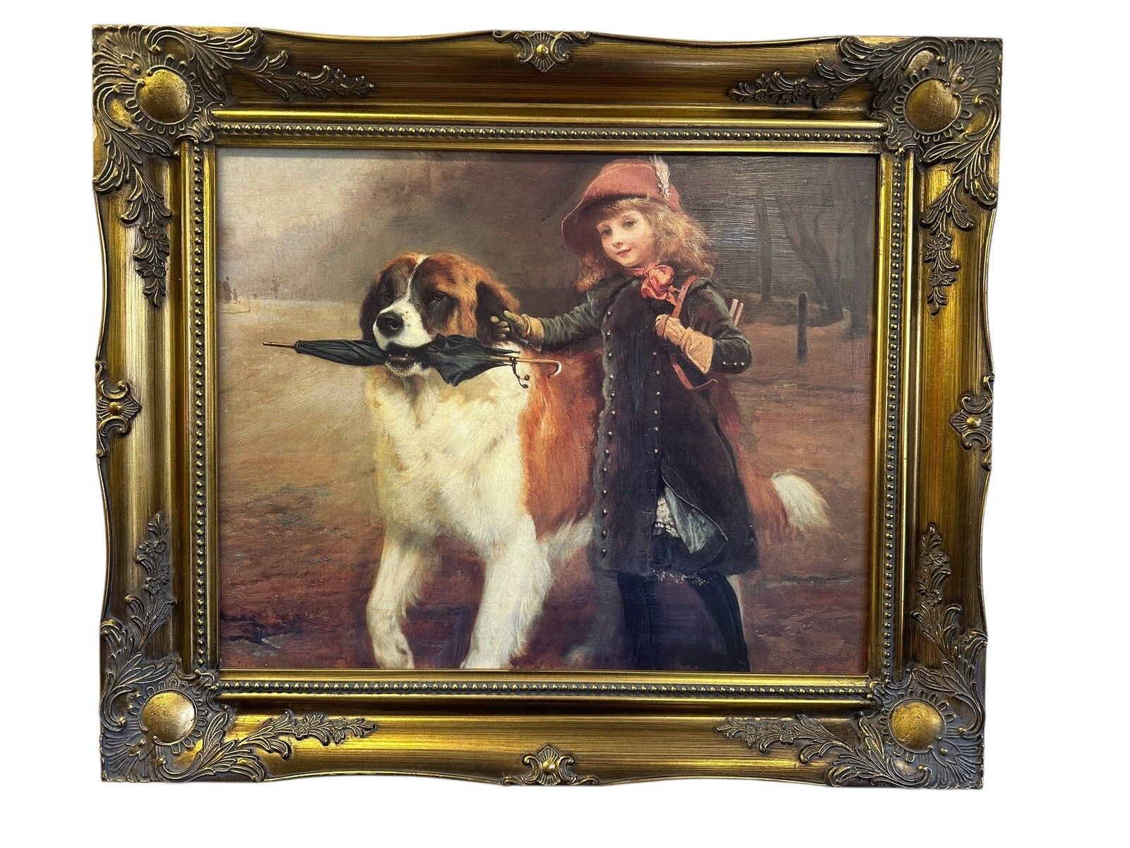 Mid Century Oleograph  Off To School Charles Burton Barber Framed  66cm By 56cm photo for sale